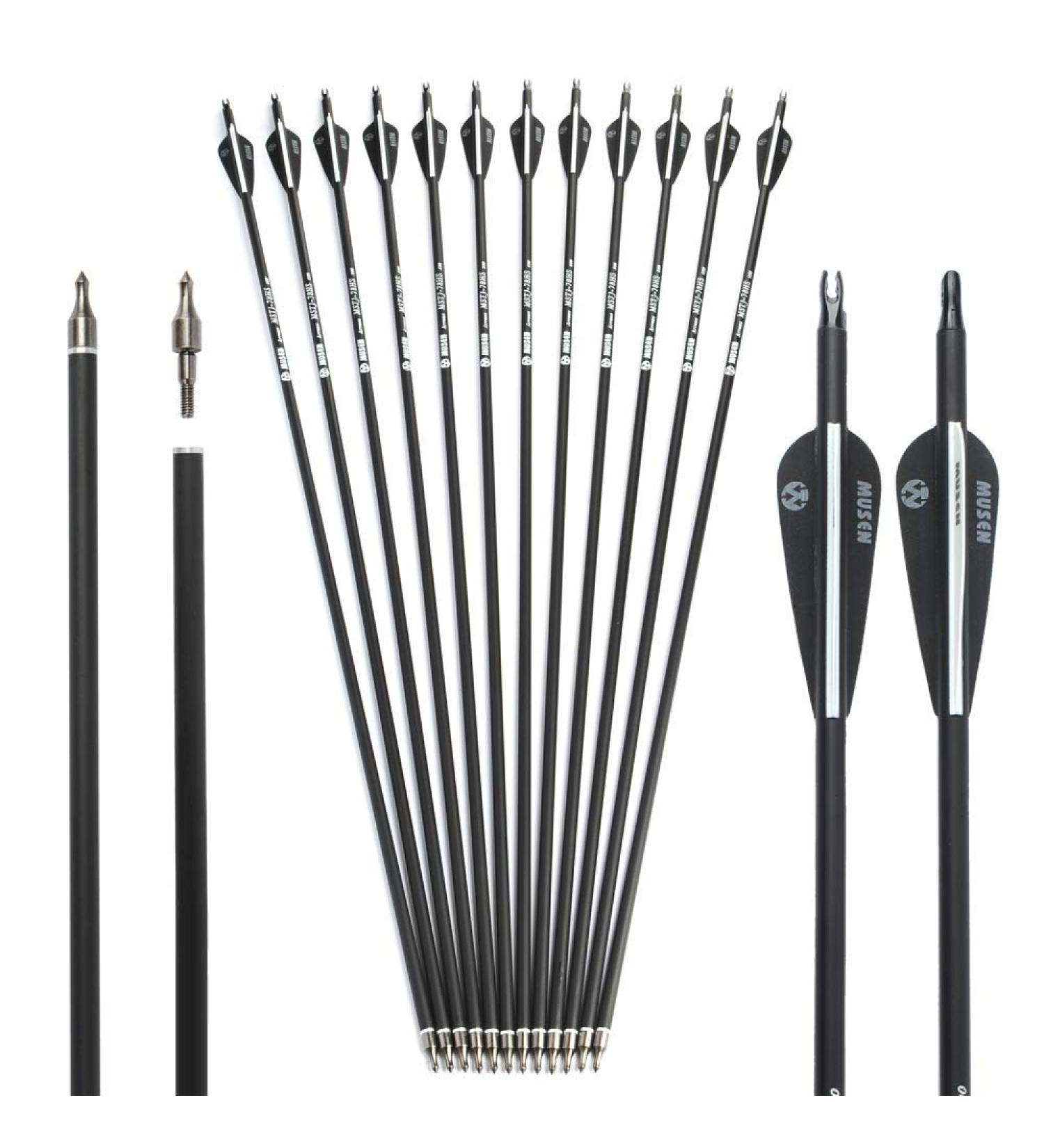 Musen 28/30 Carbon Archery Arrows 12pcs | Shaft Spine 500, GPI 13.0 | Removable Tips | Compound & Recurve Bow | Hunting & Target Practice (Black 28) - Buy Online on GoSupps.com