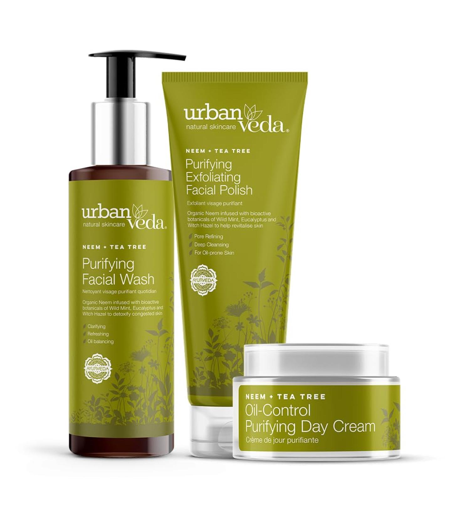 Urban Veda Daily Purifying Cleansing Essentials - Acne Control Facial Wash Exfoliating Polish & Day Cream | Vegan & Cruelty Free for Oily Skin - Buy Online on GoSupps.com