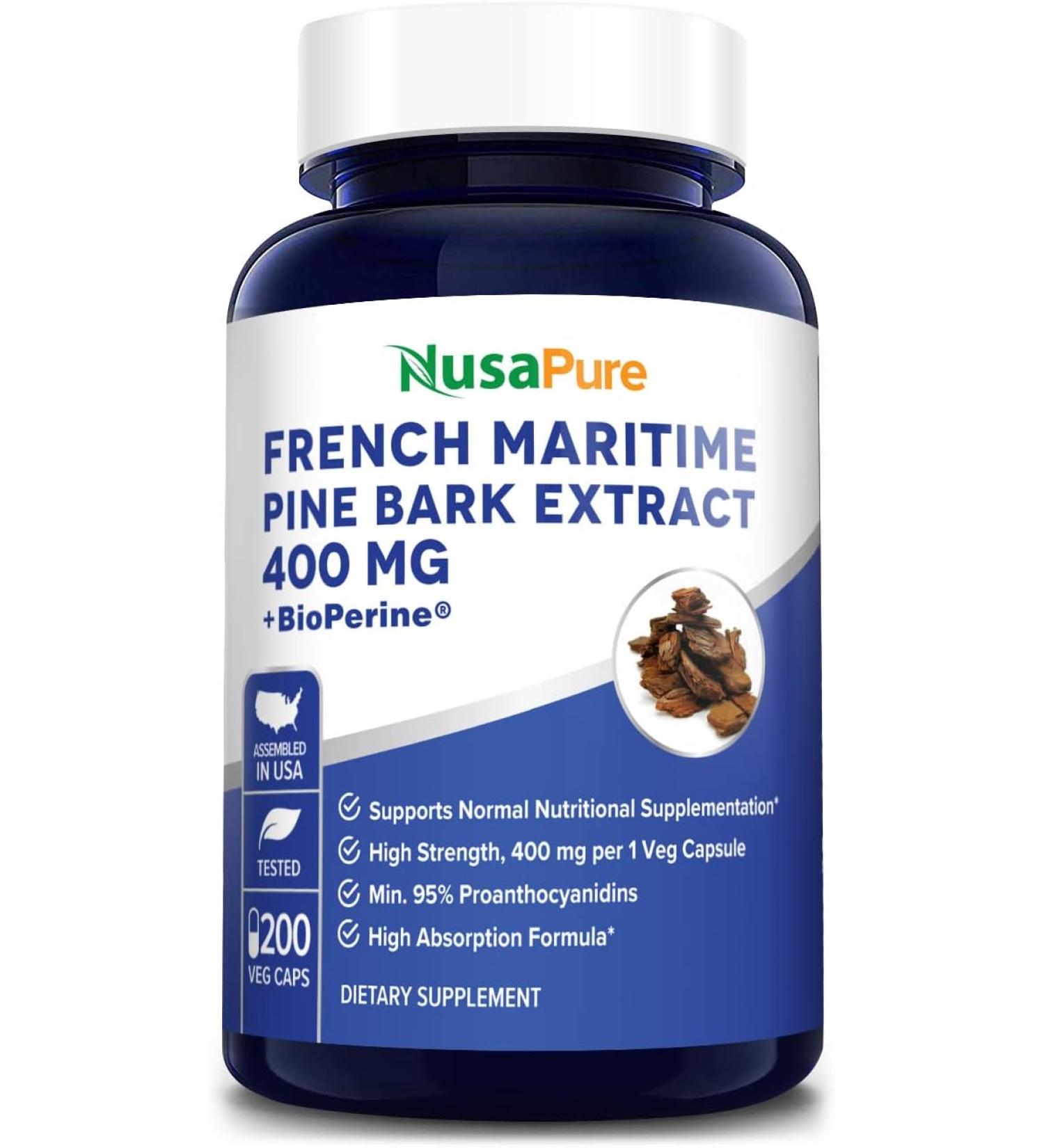 NusaPure French Maritime Pine Bark Extract 400mg Veggie Caps 200-Day Supply with Bioperine - Non-GMO & Gluten Free - Buy Online on GoSupps.com