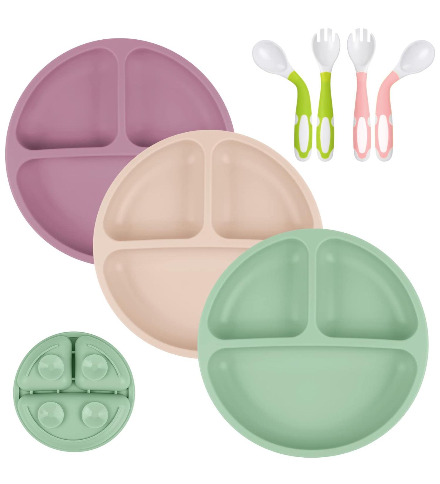 Vicloon 3Pcs Silicone Baby Suction Plates - Non Slip Divided Dishes for Toddler Self Feeding - Fits Most Highchairs - Green/Pink/Beige - Buy Online on GoSupps.com
