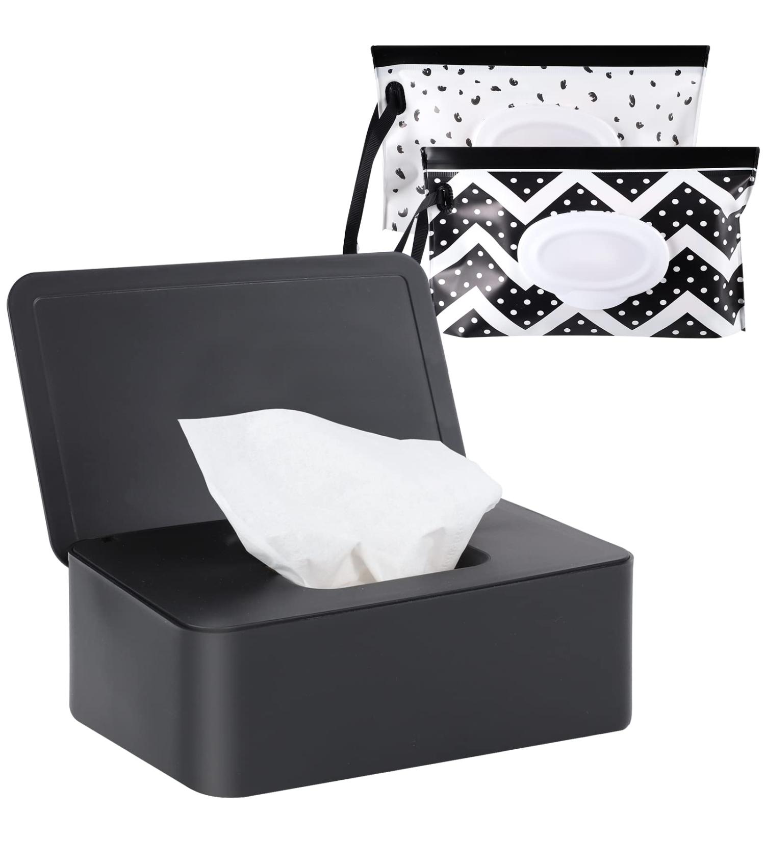 Wet Wipes Dispenser Box with 2 Baby Wet Wipes Pouches - Travel-friendly, Dustproof, Reusable - Keep Wipes Fresh at Home, Office, Car - Black - Buy Online on GoSupps.com