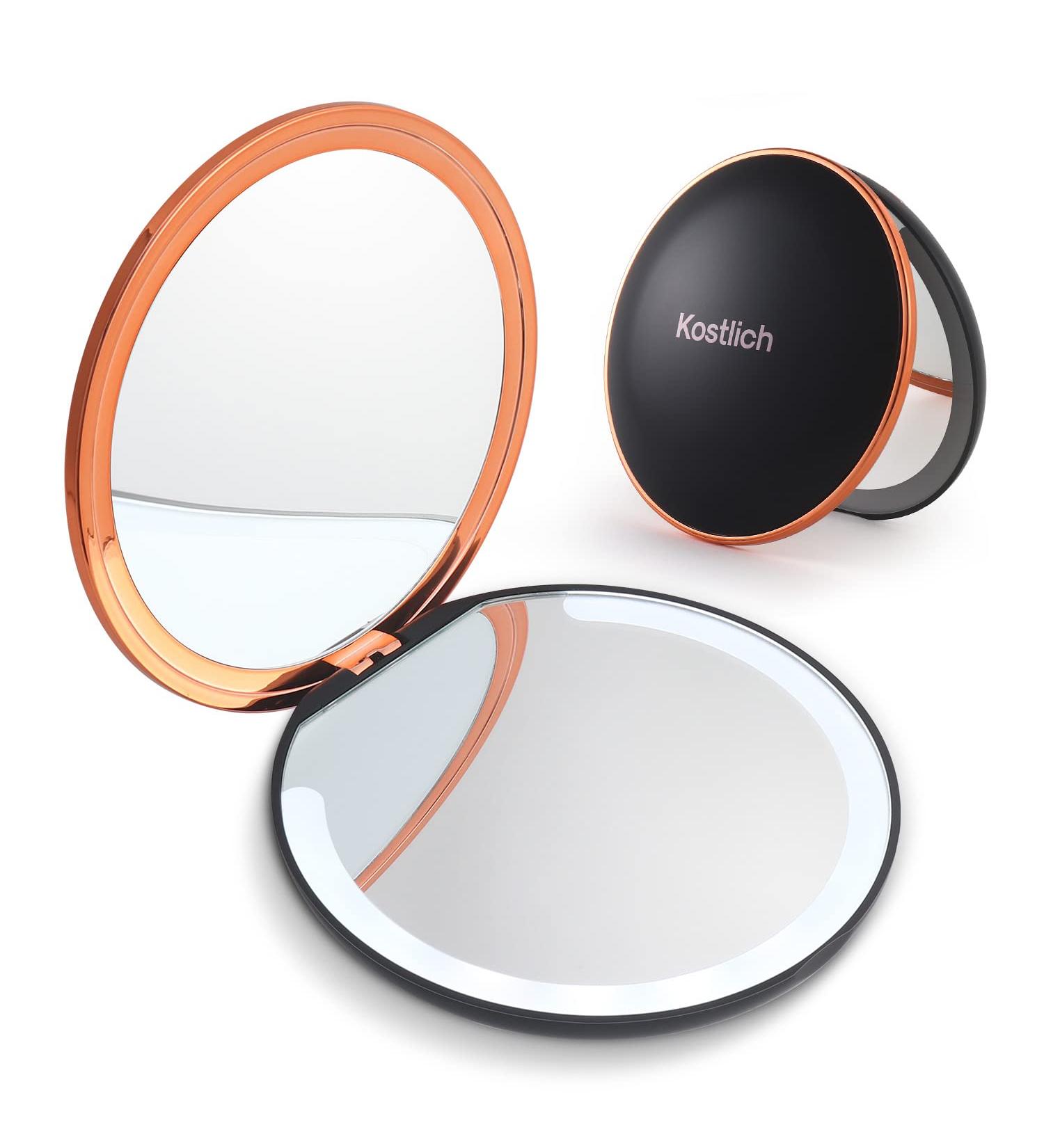 Kostlich Travel Makeup Mirror with Lights - 2-Sided 1x/7x Magnifying Compact Mirror - Rechargeable & Portable - Black - Buy Online on GoSupps.com