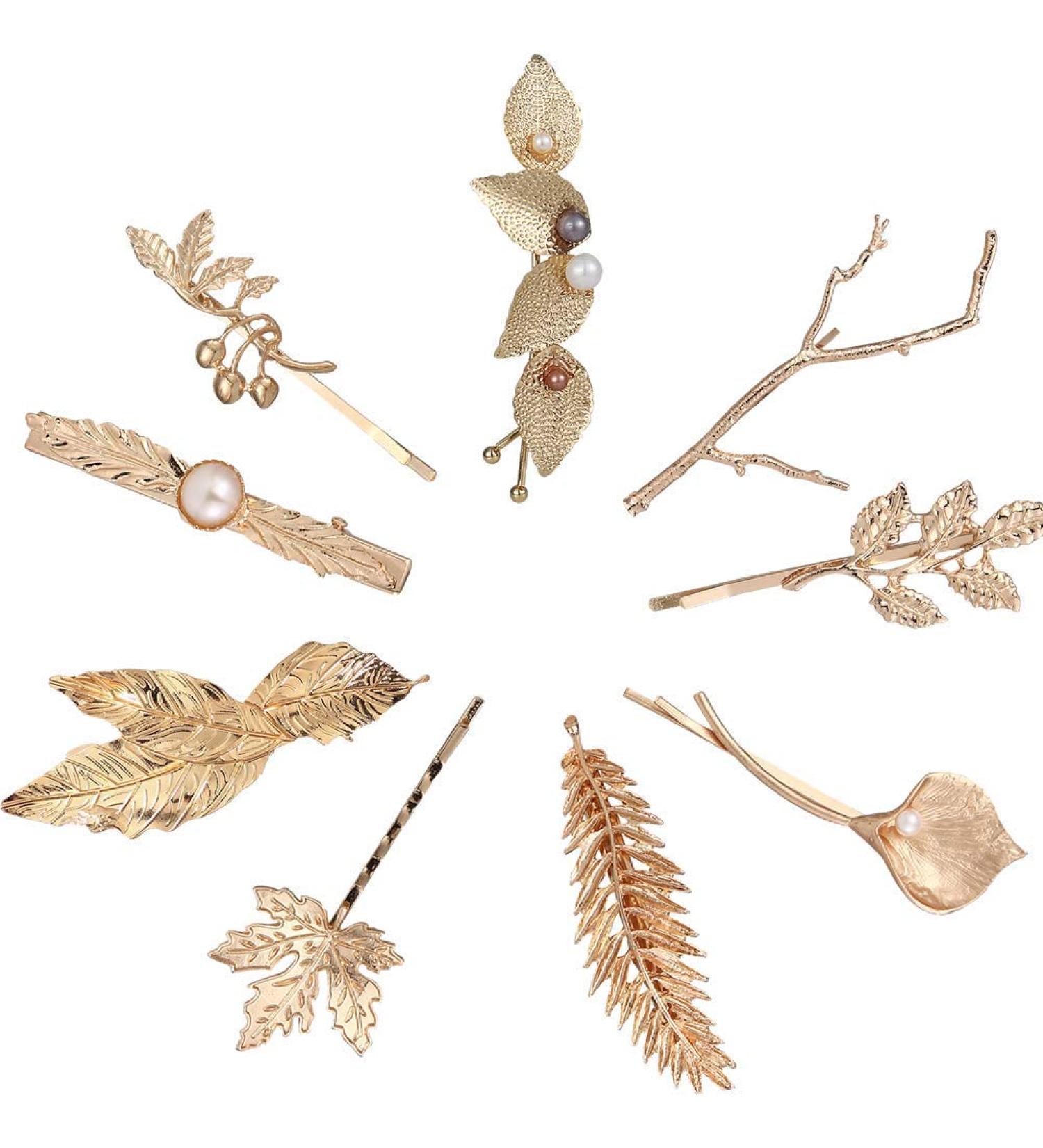 9-Piece Golden Feather Leaf Hair Clips Set - Metal C-Clamp Hair Accessories for Weddings & Parties - Buy Online on GoSupps.com