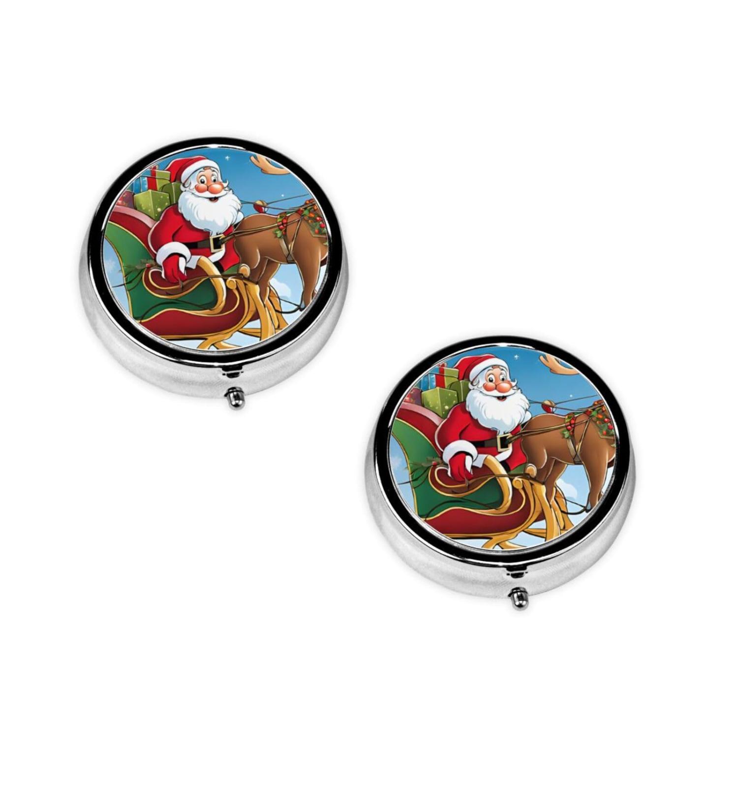Merry Christmas Pattern Round Pill Box | 3 Compartment Portable Travel Medicine Organizer | Mini Decorative Pocket Vitamin Holder - Buy Online on GoSupps.com