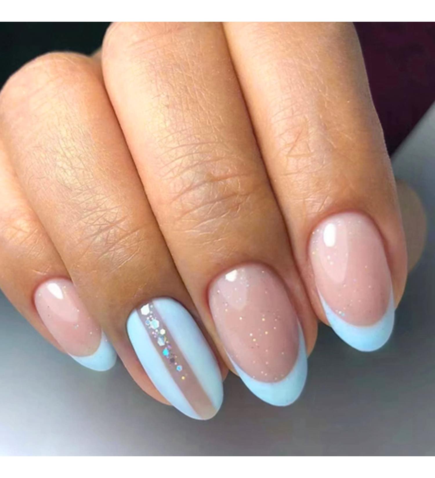 Almond Short Press-on Nails | 24Pcs Blue French Glitter Tips | Elegant Artificial Oval Shape | Glossy Stick-on False Nails for Women - Buy Online on GoSupps.com
