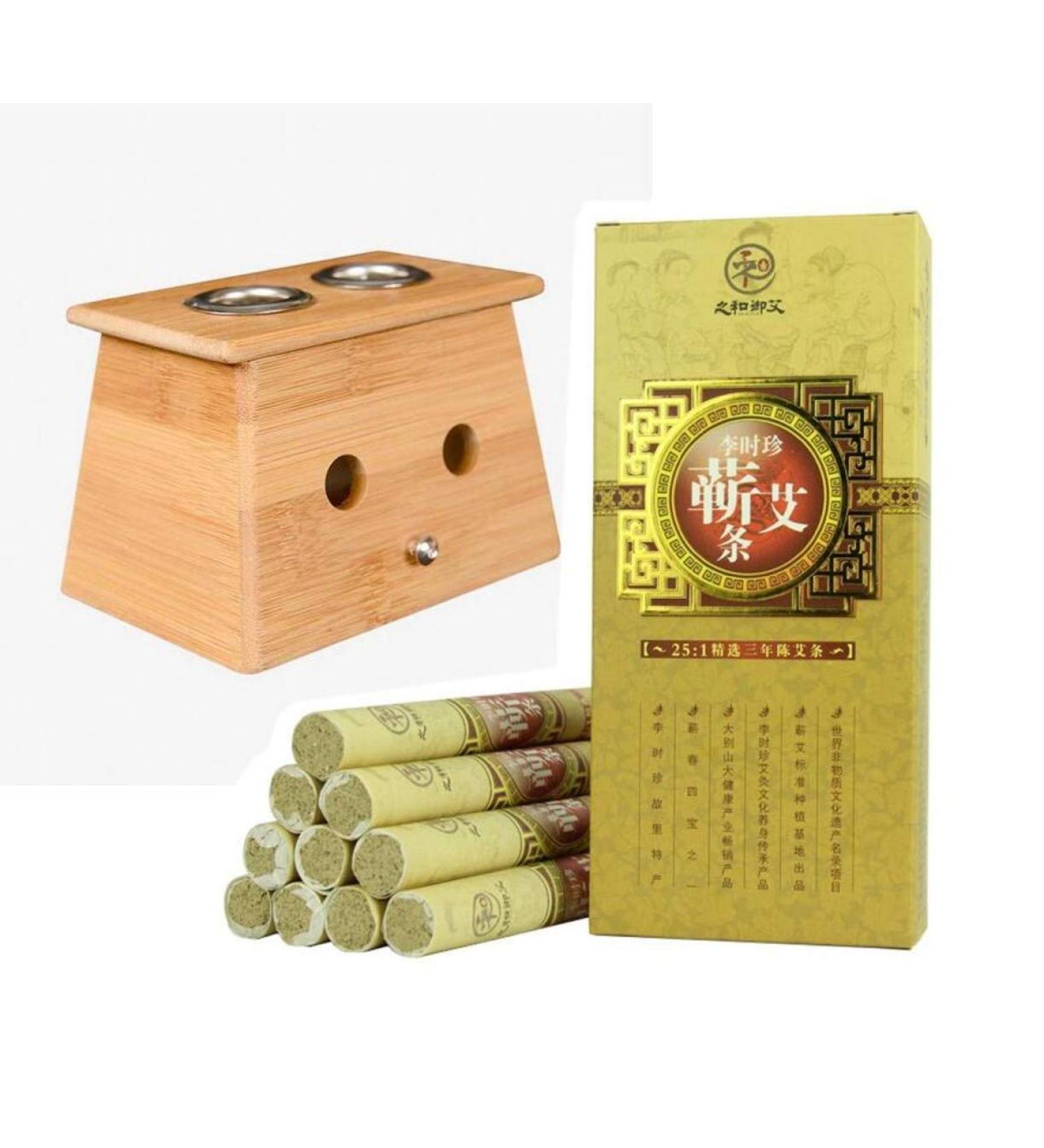 Buy ZHONGJIUYUAN Bamboo Moxa Moxibustion Box Holder (2 Holes) + 10 Moxa Sticks - Premium Quality for Effective Pain Relief - Ships Internationally - Buy Online on GoSupps.com