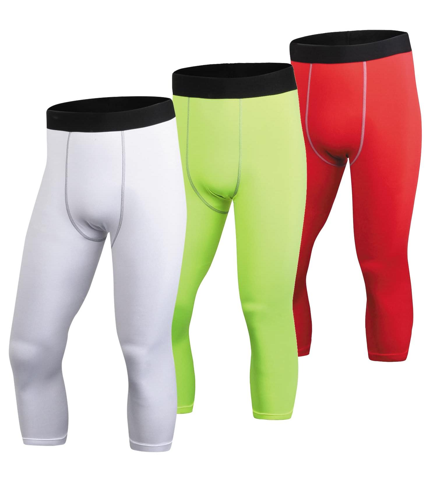 Men's 3/4 Compression Running Leggings - 1 or 3 Pack, Dry Fit Gym Capri Pant, Red White Fluorescent Green, XL - Buy Online on GoSupps.com
