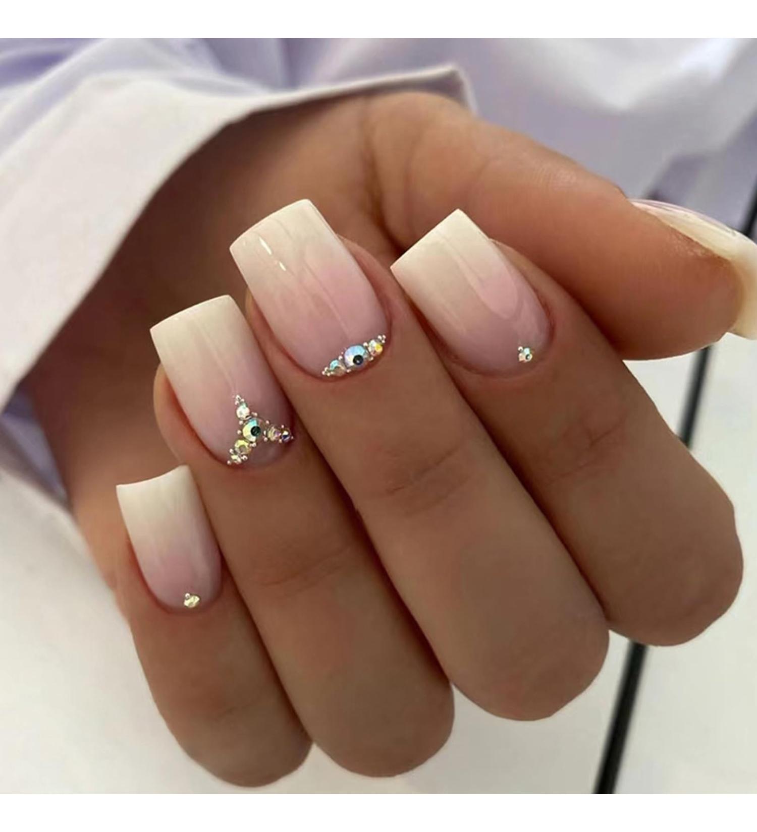 DMQ Square Gradient False Nails with Rhinestones - 24Pc Pink White Press on Nails for Women | Acrylic Stick-on Nails for Girls' Nails Art - Buy Online on GoSupps.com