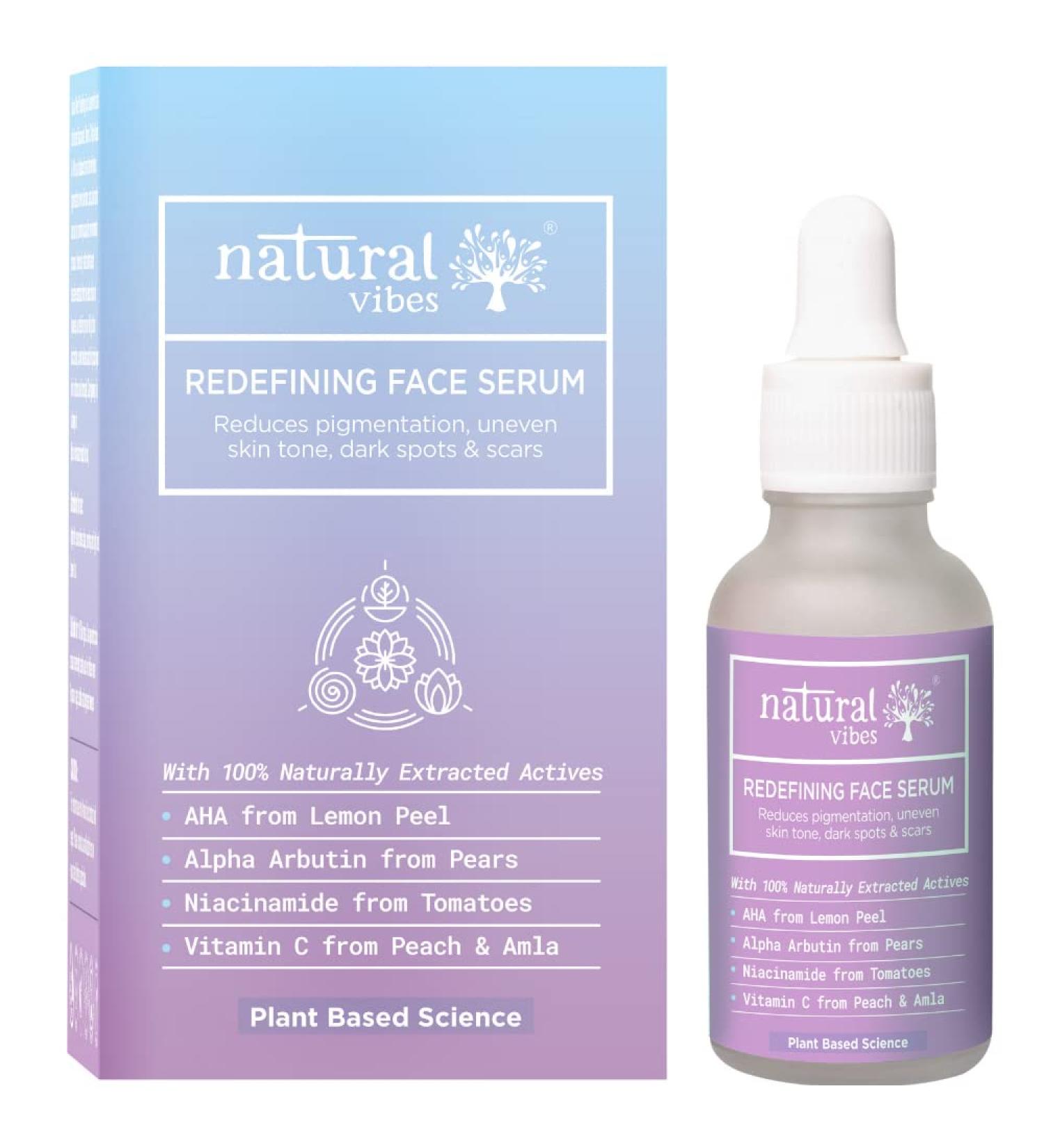 Natural Vibes Redefining Face Serum | With 100% Plant Based Niacinamide Vitamin C Alpha Arbutin & AHA | Reduce Pigmentation | Dark Spots & Scars | Glow & Hydrate |30 ml | For Men & Women - Buy Online on GoSupps.com