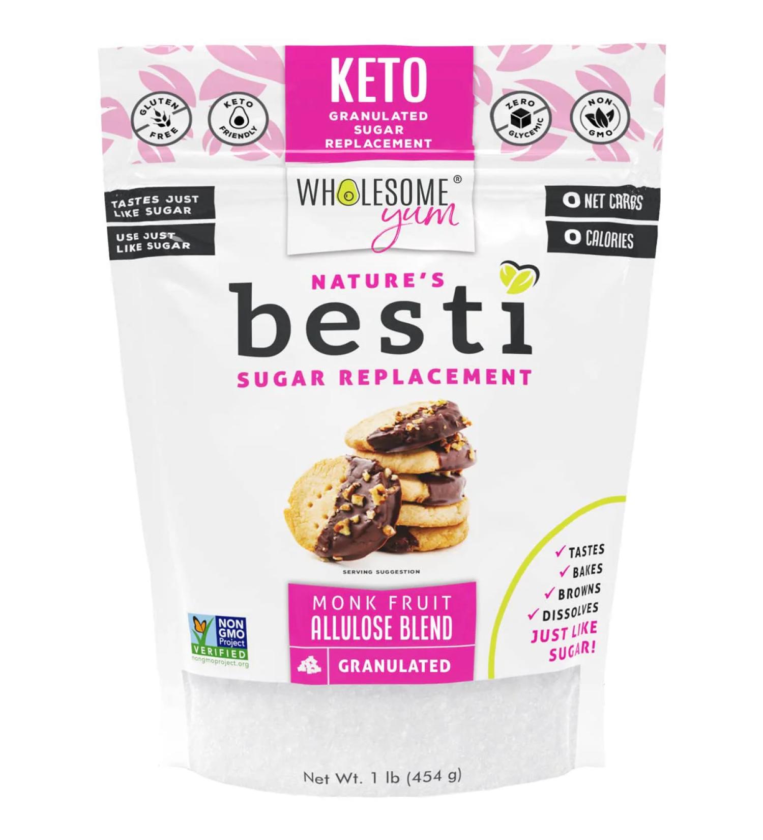Wholesome Yum Besti 1:1 Natural Sugar Replacement - Keto Monk Fruit Sweetener with Allulose (16 oz / 1 lb) - Non-GMO Zero Carb, Zero Calorie Sugar Substitute - Buy Online on GoSupps.com