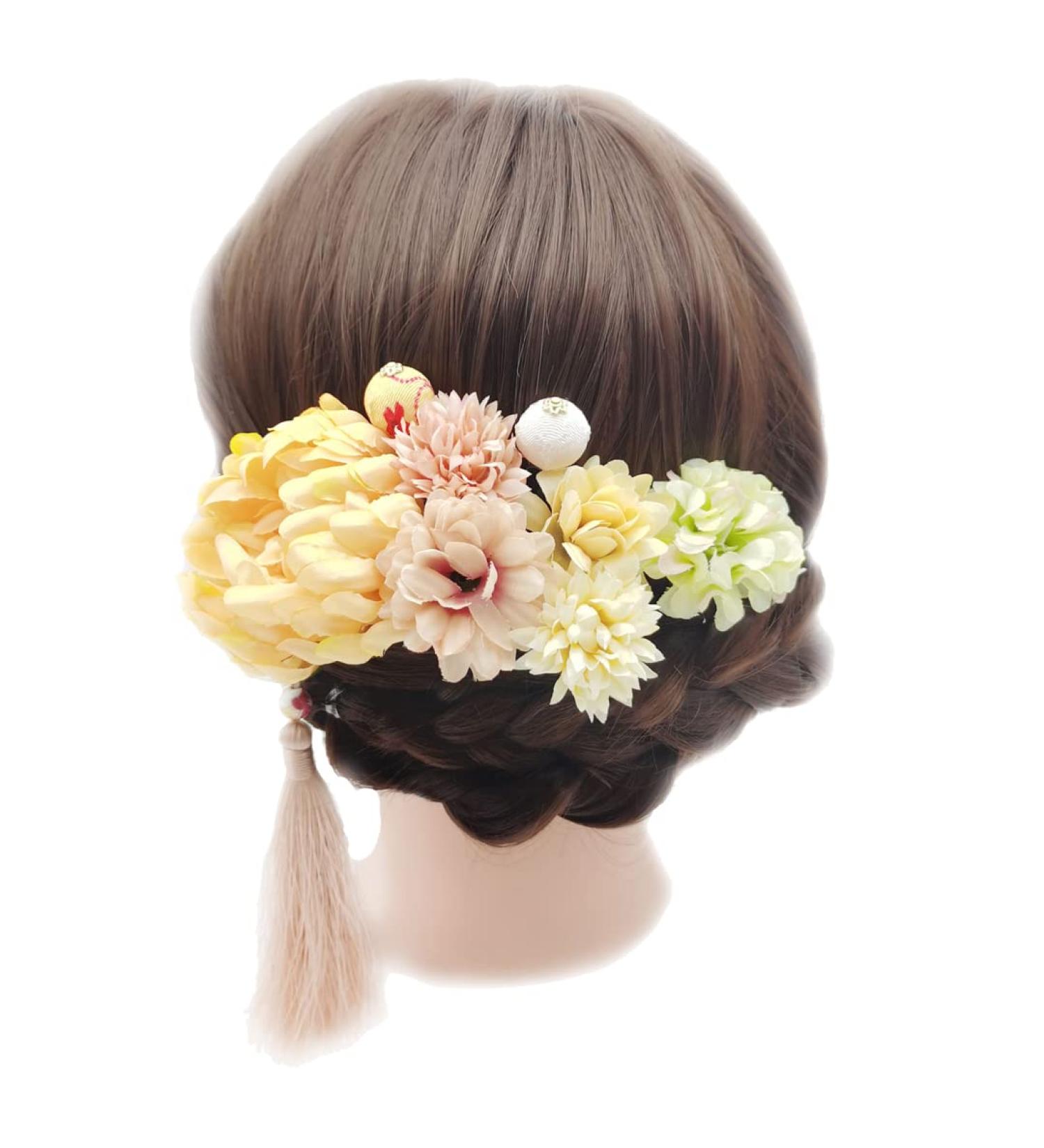 Japanese Kimono Hair Clips - Chiffon Flower Hairpins with Tassel | 9-Piece Set of Women's Hair Accessories for Weddings & Photo Props - Yellow - Buy Online on GoSupps.com