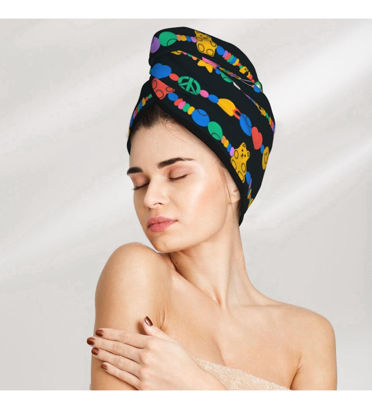 Cartoon Black Bracelet & Super Absorbent Microfiber Hair Towel | Quick Dry Hair Turbans for Curly Long Thick Hair | Hair Bonnet Cap & Wrap with Button for Women Girls & Kids - Buy Online on GoSupps.com