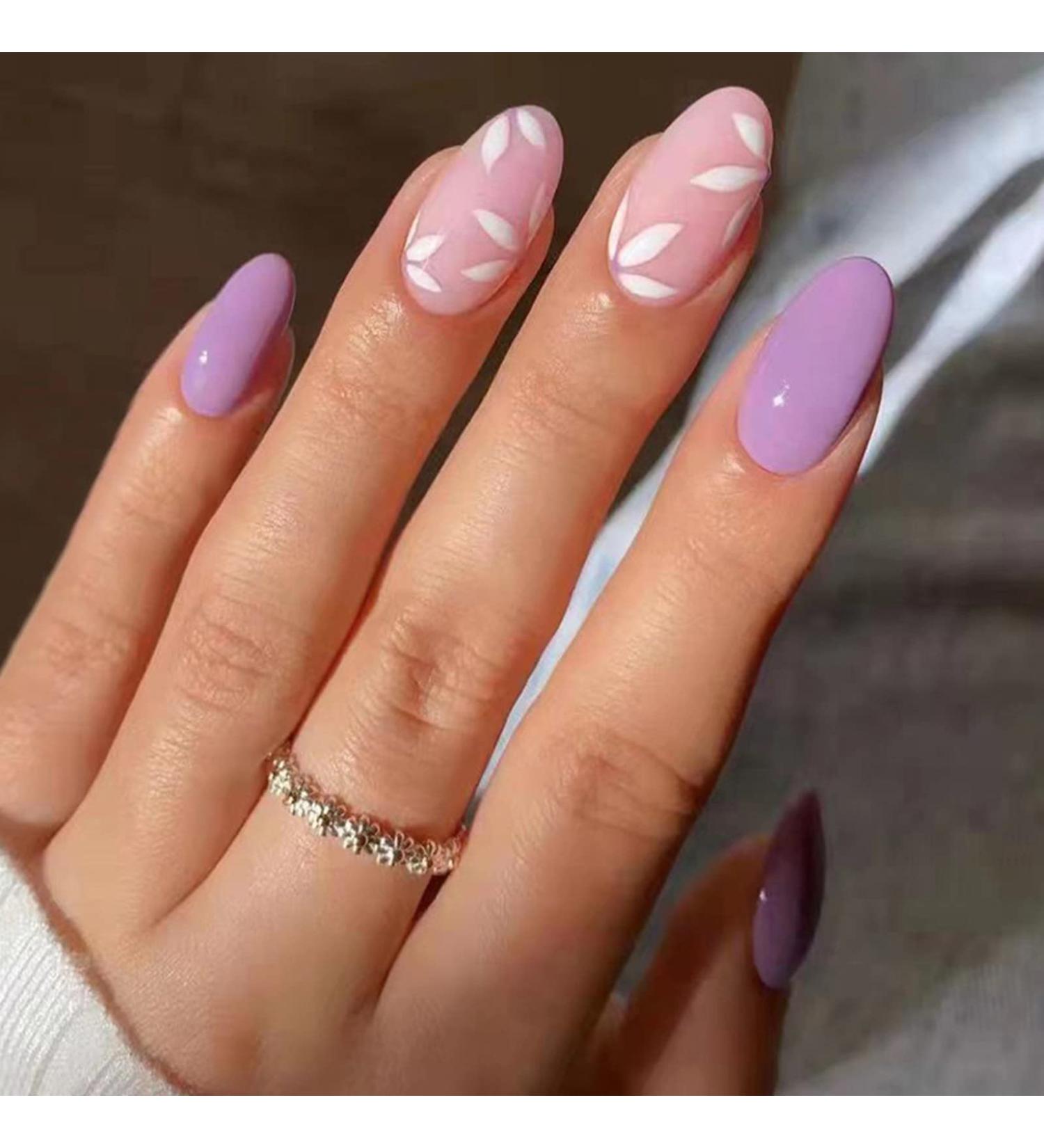JUSTOTRY Almond False Nails - 24 Short Light Purple Press on Nails with White Flower Designs - Oval Acrylic Fake Nails for Women - Includes Glue - Nail Art - Buy Online on GoSupps.com
