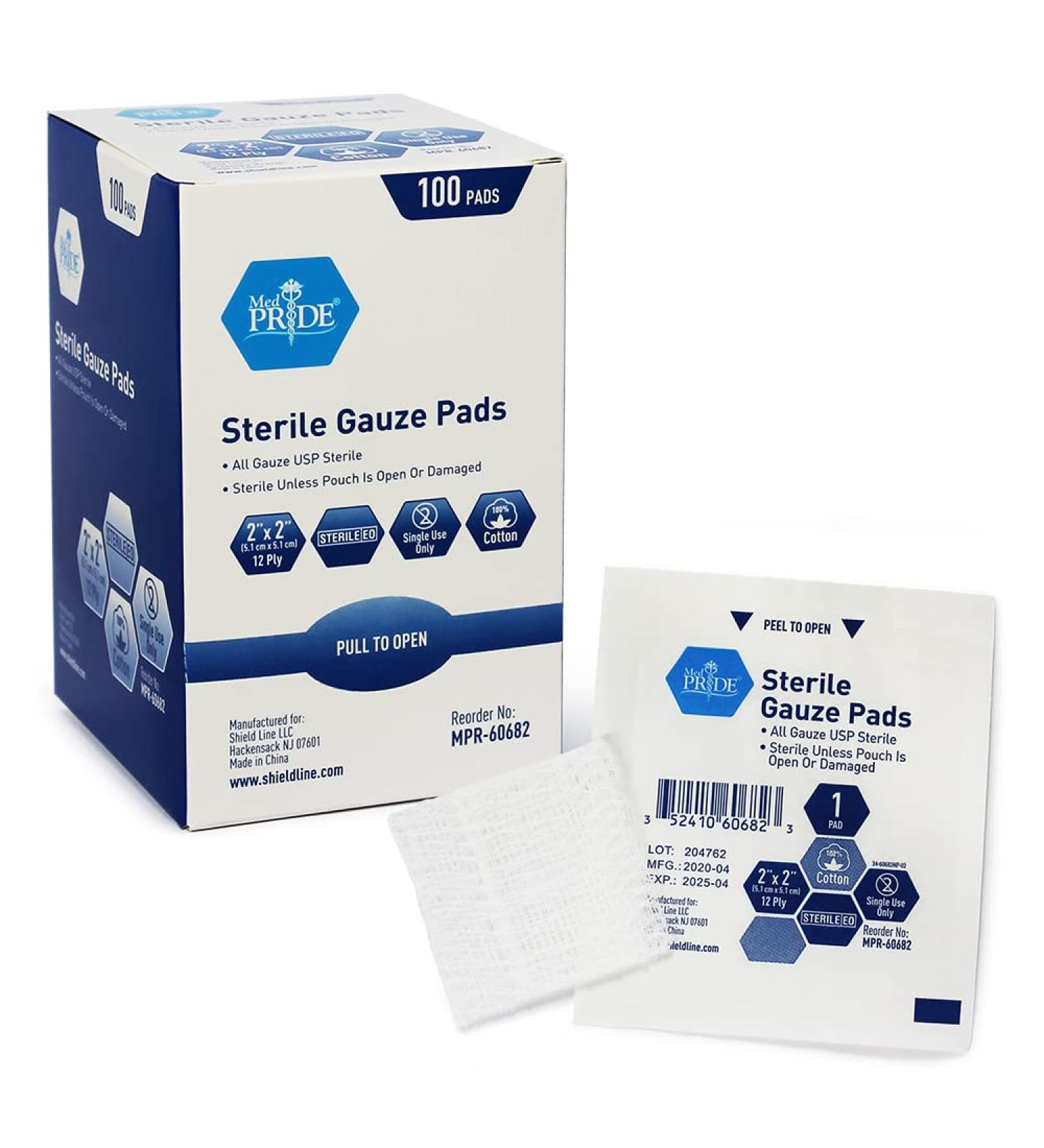 Medpride 2x2 Sterile Gauze Pads - 100-Pack, Individually Packed, 12-Ply Cotton, Highly Absorbent for Wound Care & First Aid - Buy Online on GoSupps.com