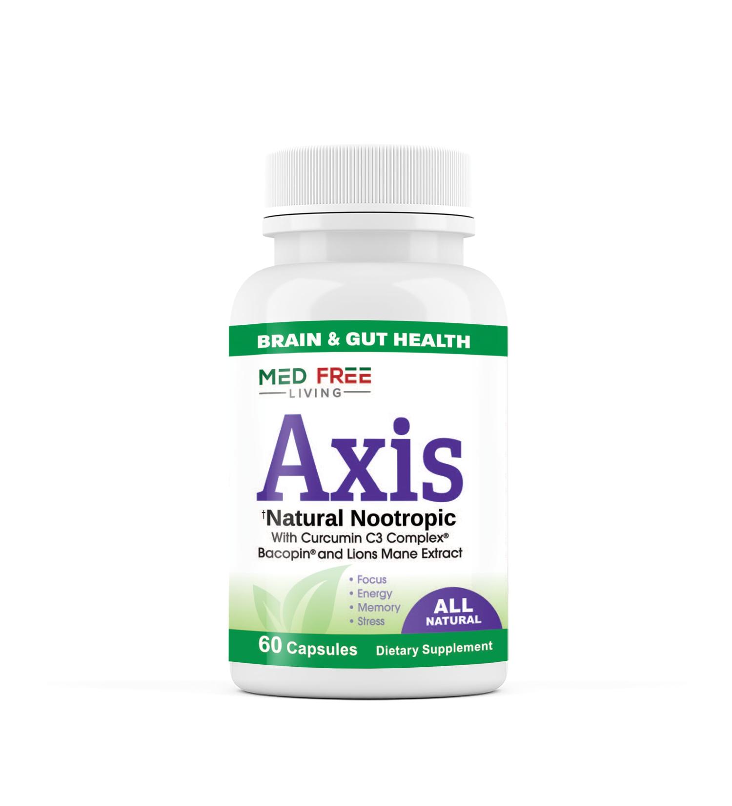 Axis Natural Brain Supplement with Curcumin C3 Complex Bacopin and Lion's Mane Extract - Brain & Gut Health Support Focus Energy Stress Relief - 60 Capsules All-Natural Med Free Living (1) - Buy Online on GoSupps.com