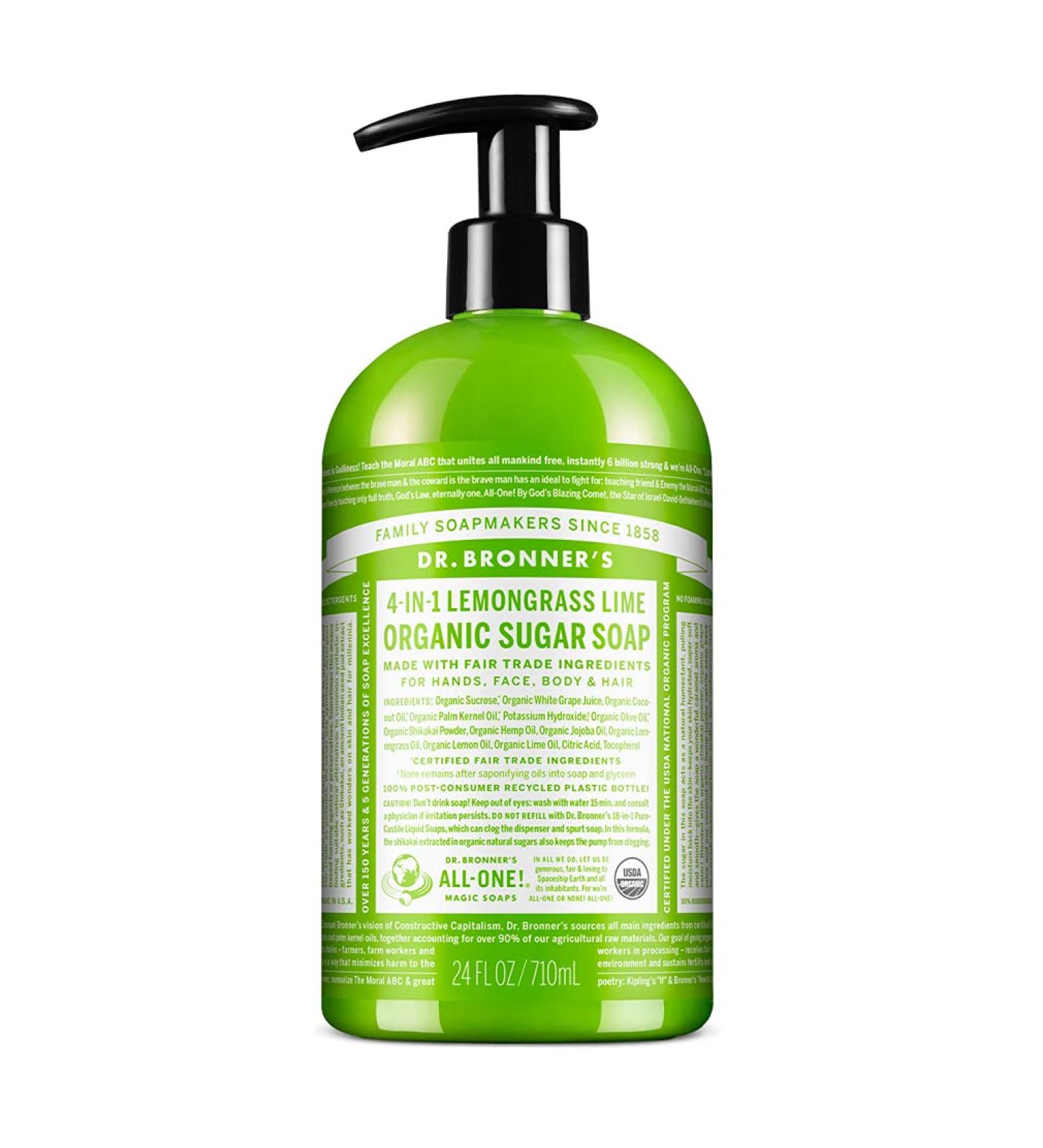 Dr. Bronner's Organic Lemongrass Sugar Soap - 24oz - 4-in-1 Uses - Vegan Formula for Hands, Body, Face, and Hair - Buy Online on GoSupps.com
