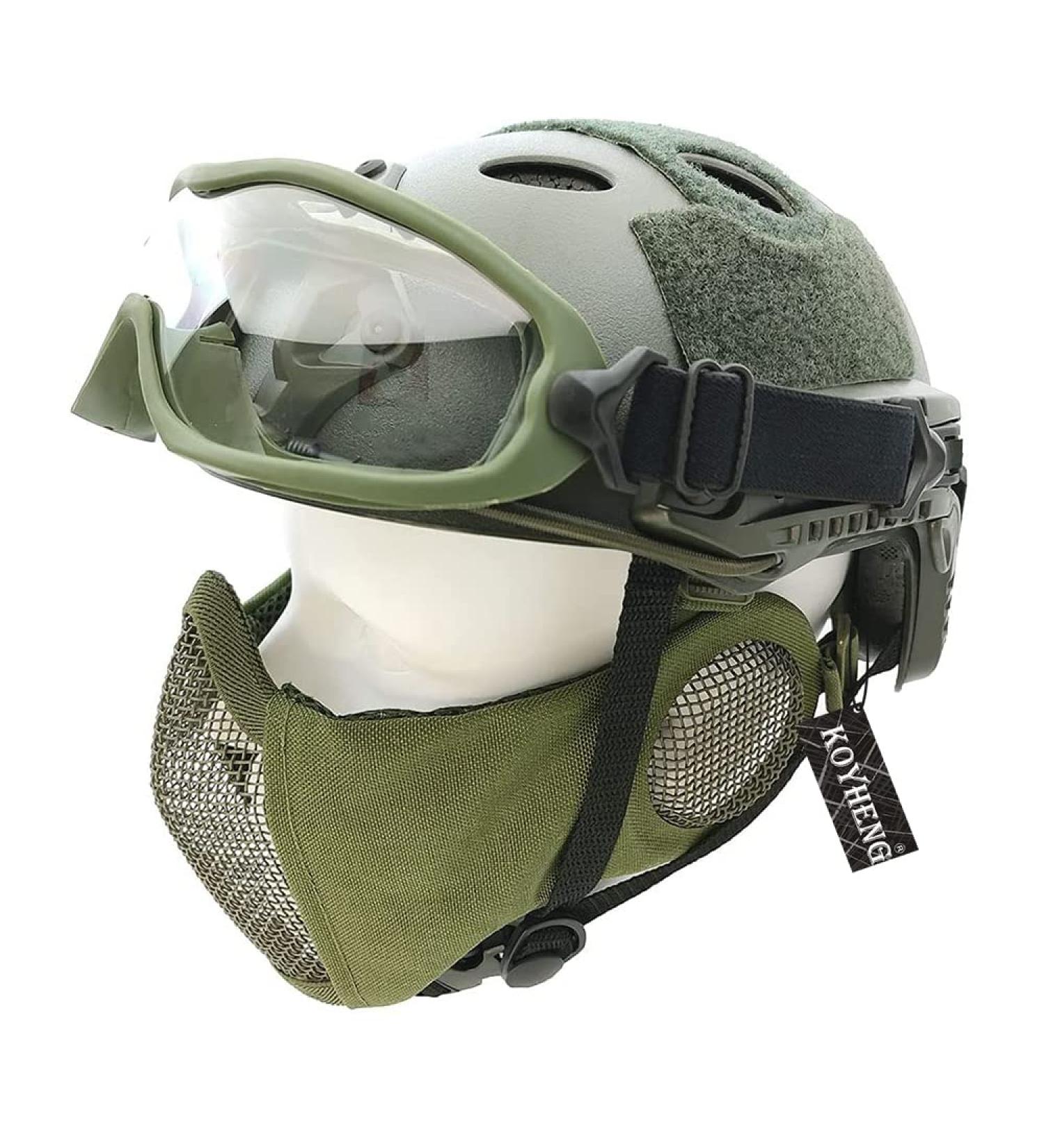 Tactics PJ Type Airsoft Fast Helmet & Foldable Half-Face Mesh Ear Muffs Mask Set - Full Face Protection Goggles OD | International Shipping - Buy Online on GoSupps.com