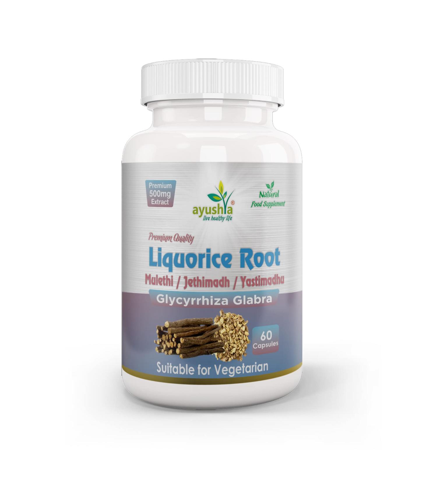 Ayushya Liquorice Root Capsules - 60 Natural Capsules with Yastimadhu, Mulethi, Jethimadh - Buy Online on GoSupps.com