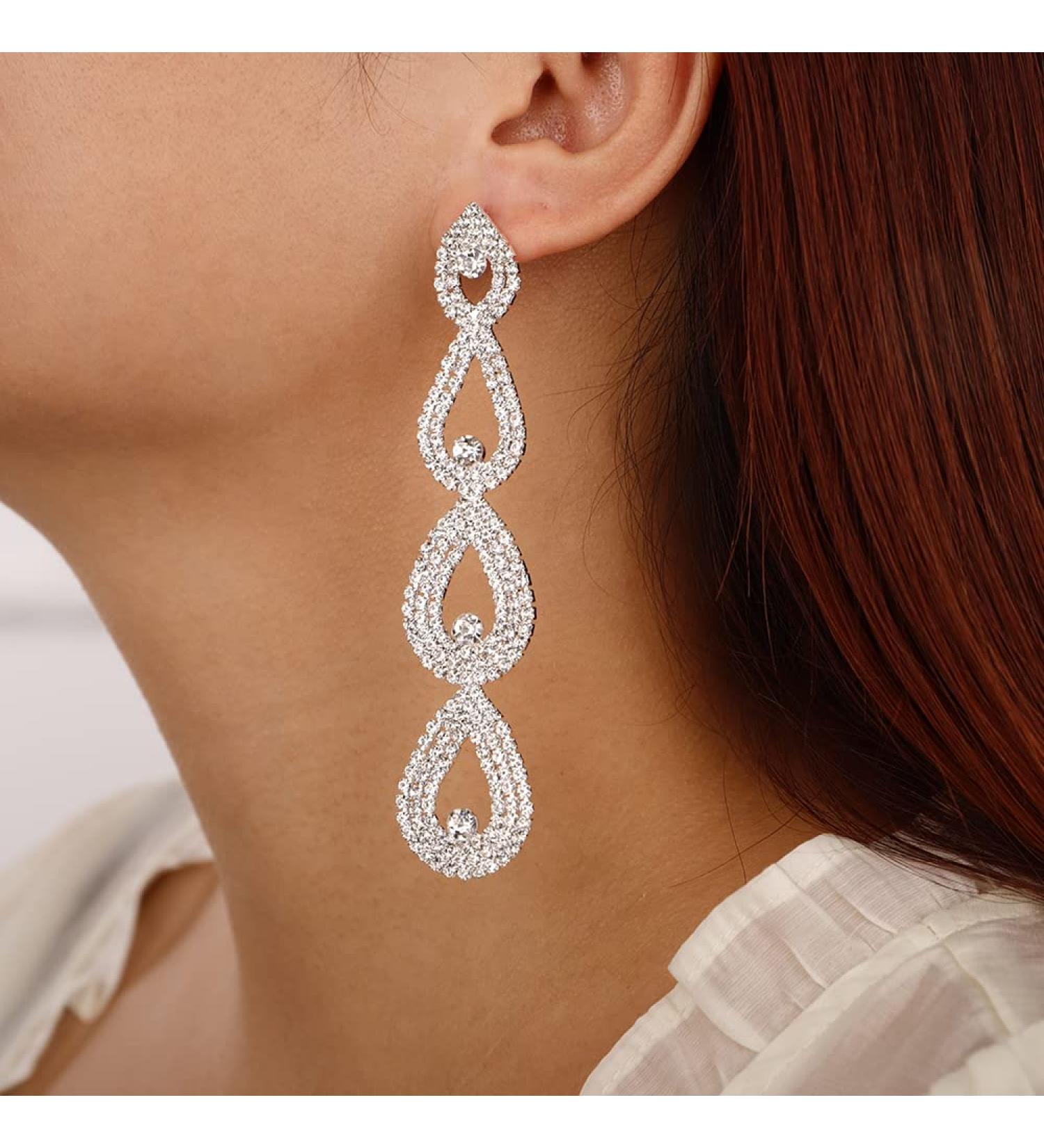 Denifery Rhinestone Chandelier Tassel Drop Earrings - Teardrop Crystal Studs for Wedding Bling - Silver Dangling Statement Earrings for Women - Buy Online on GoSupps.com