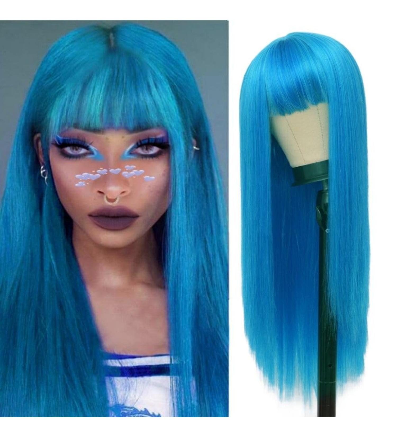 Long Blue Wig with Bangs - Heat Resistant Synthetic Hair for Cosplay & Daily Wear - Perfect for Halloween - Buy Online on GoSupps.com