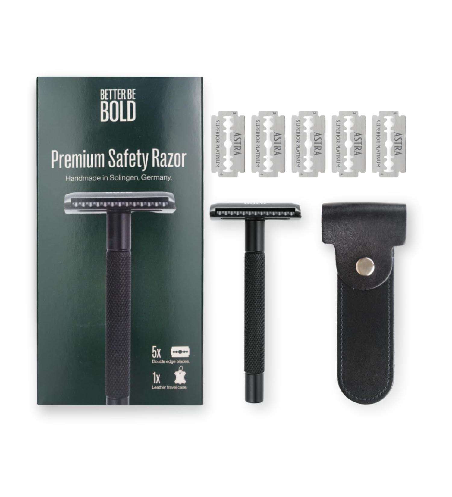 Better be bold premium razor plane "Solingen" incl. 5 Astra razor blades + leather case | handmade | stainless steel | razor set (black (matt))