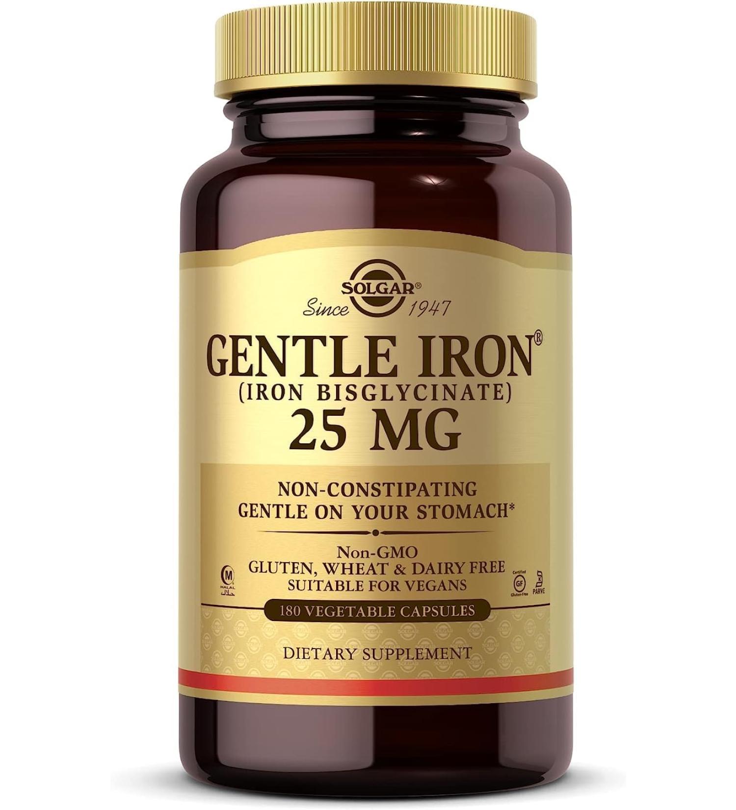180 Vegetable Capsules of Gentle Iron Bisglycinate 25mg - Non-Constipating & Non-GMO - Gluten-Free Formula for Gentle Stomach - 180 Servings - Buy Online on GoSupps.com