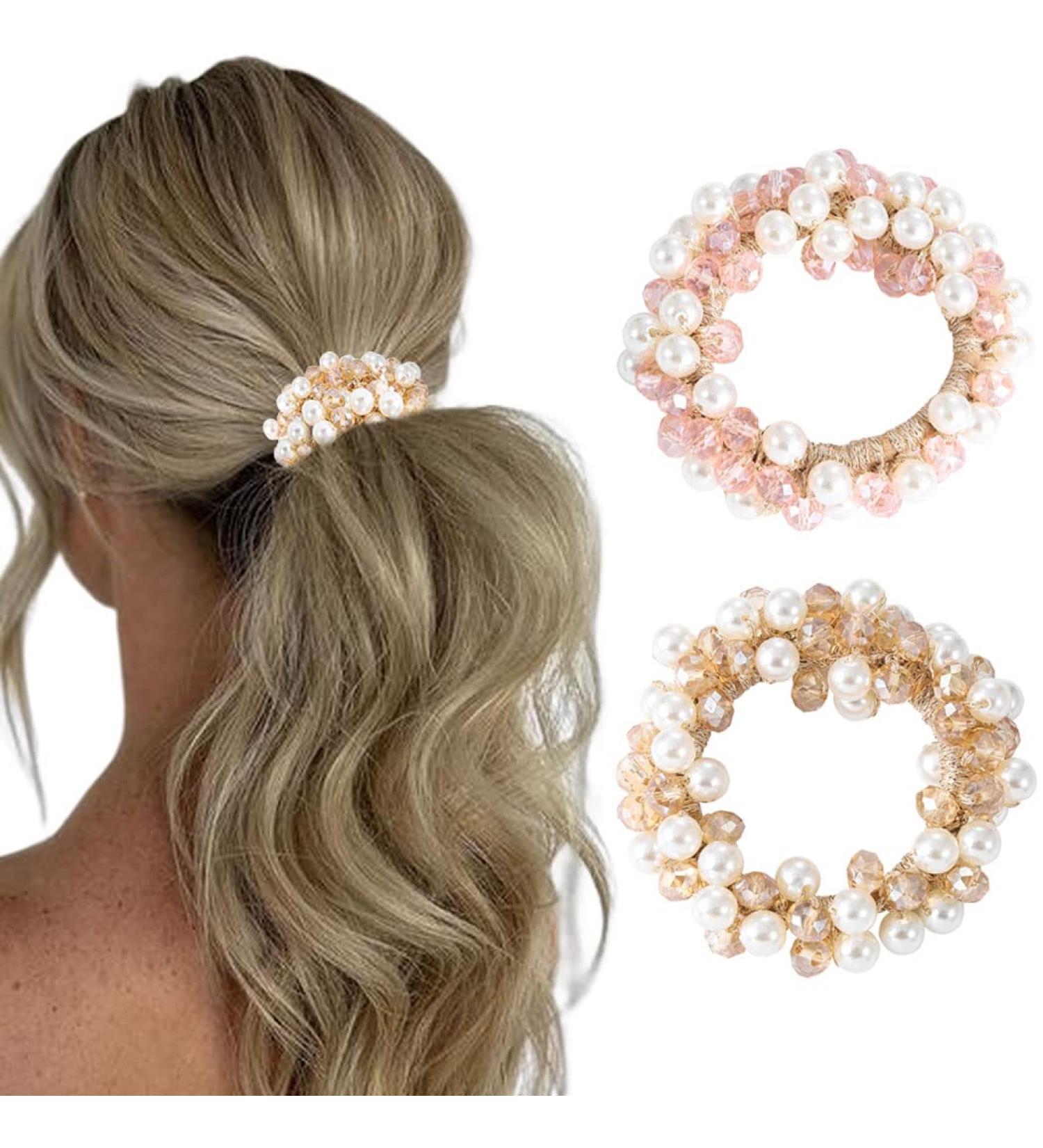 Brinie Pearl Rhinestone Hair Ties - Pink Ponytail Holders for Women/Girls (2 Pack) - Buy Online on GoSupps.com