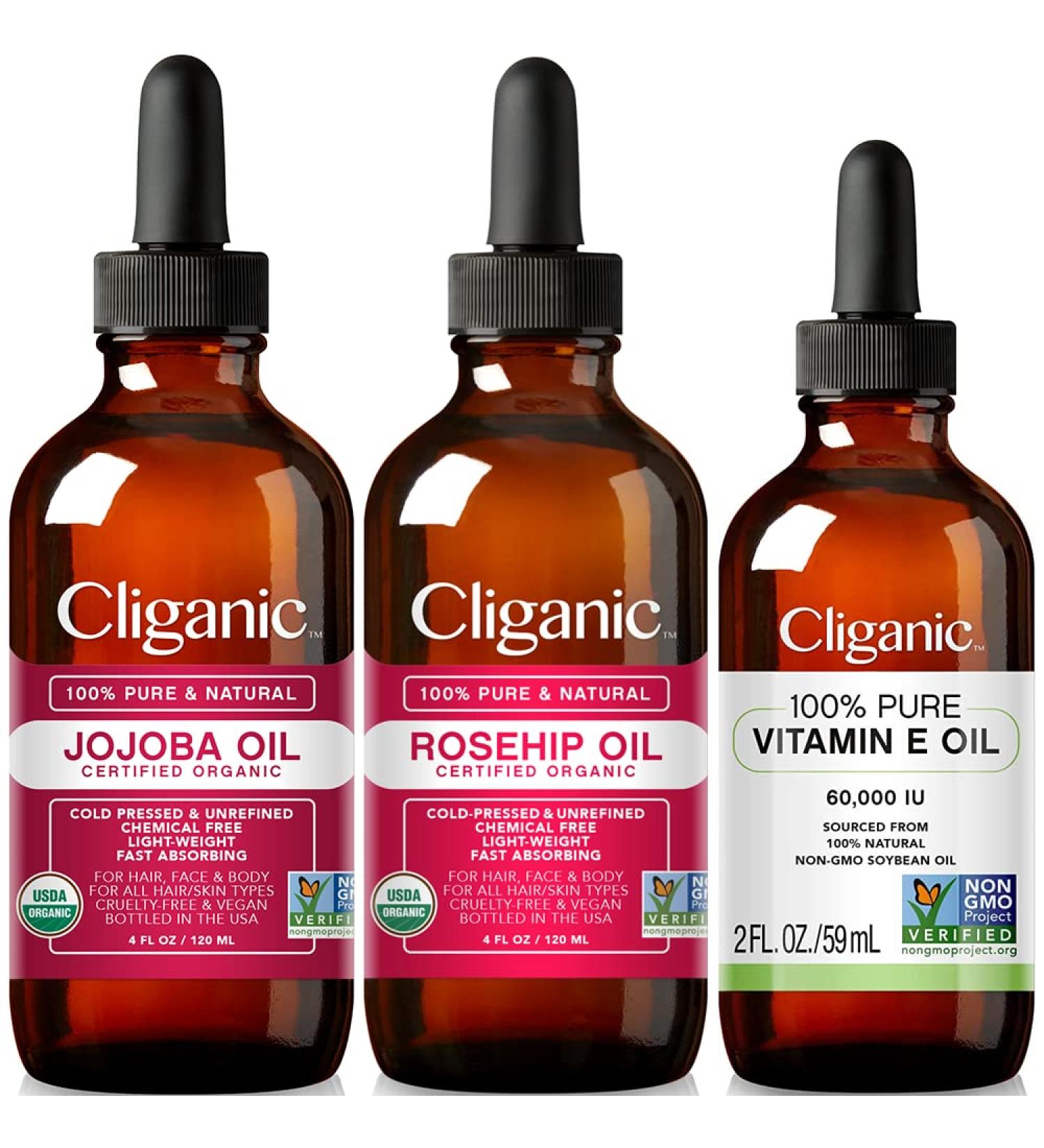 Cliganic Face Oil Trio: Jojoba Rosehip & Vitamin E Oil - Buy Online on GoSupps.com