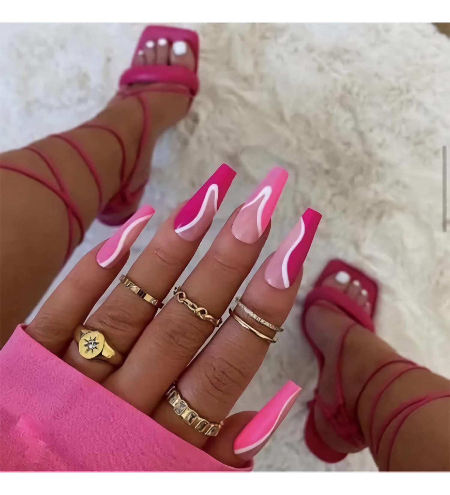 PUSCOBSY Coffin Press on Nails - Pink Glossy with White Stripes (24PCS) - Long Ballerina False Nails for Women and Girls - Buy Online on GoSupps.com