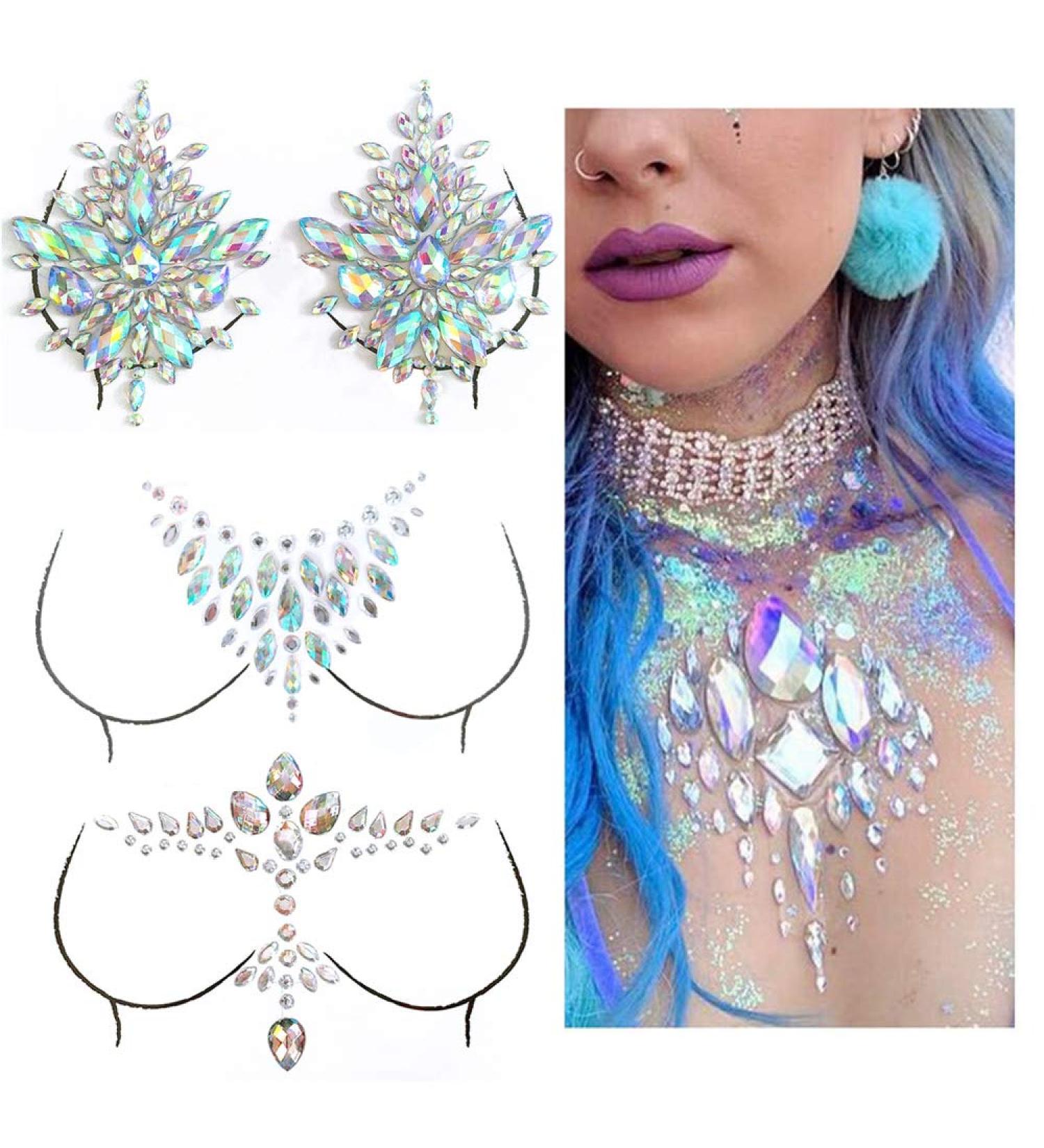 Rhinestone Chest Sticker Temporary Tattoo - Festival Glitter Body Gems - 3 Sets - Buy Online on GoSupps.com