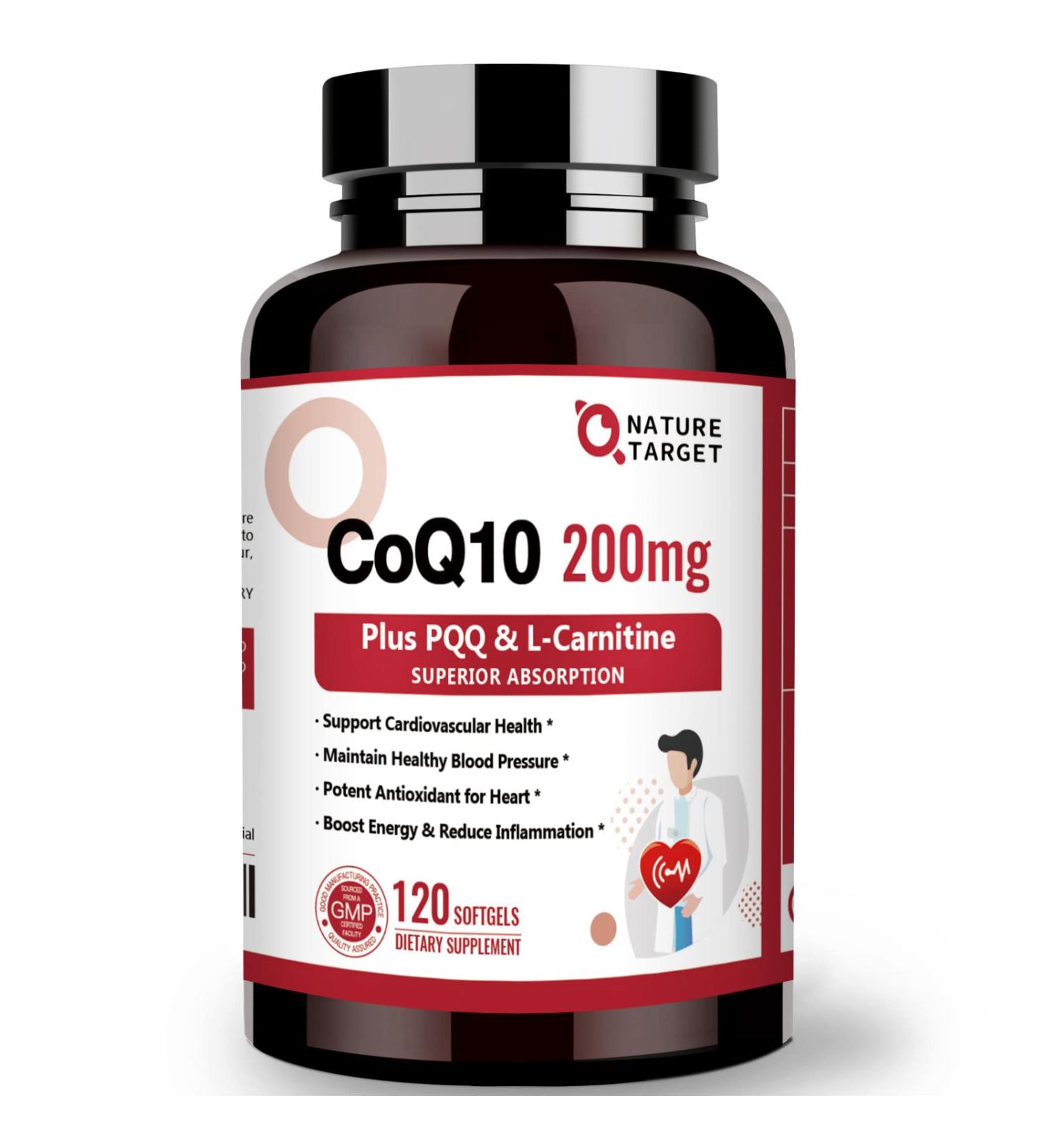 NATURE TARGET CoQ10 200mg with PQQ & L-Carnitine | High Absorption Coenzyme Q10 with Omega-3s | Supports Heart Immune System & Energy Production | 120 Servings - Buy Online on GoSupps.com