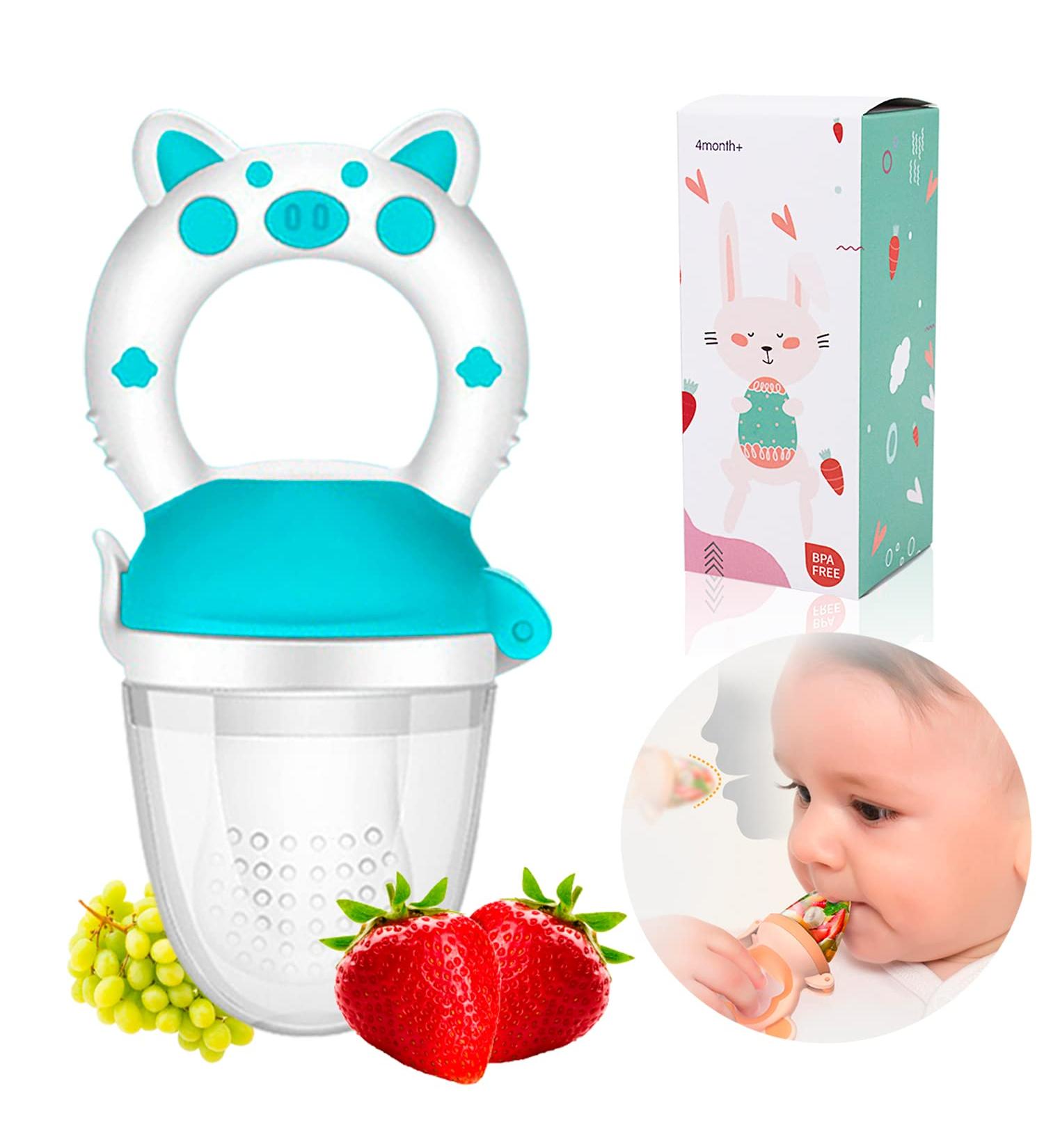 Baby Feeding Pacifier for Fruits - Food Grade Silicone Teether with Secure Cap - BPA Free - Boy & Girl - Cartoon Design - 4 Months+ (Pig - White Blue) - Buy Online on GoSupps.com