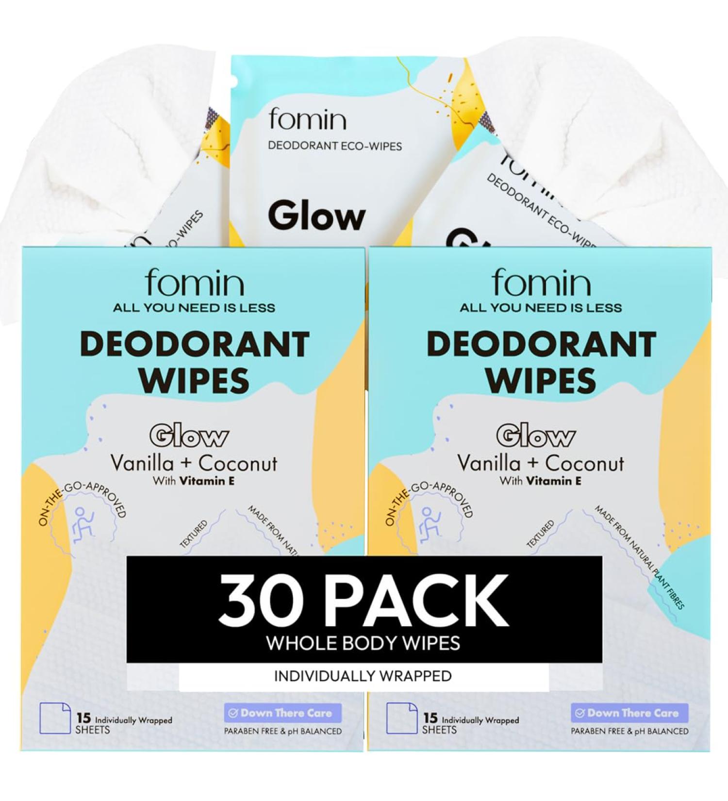 FOMIN Travel Deodorant Wipes - 30 Count - Glowing Coconut and Vanilla - pH Balanced Hypoallergenic Mini Deodorant Wipes For Women and Men - Plastic-Free Individually Wrapped Underarm & Body Wipes Glow - Coconut Vanilla - Buy Online on GoSupps.com