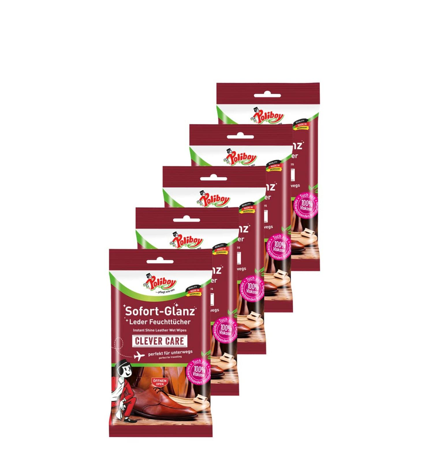 Poliboy Instant Gloss Leather Wet Wipes - On-the-Go Cleaning Towels for Shoes & Bags - 5 Pack - Made in Germany - Buy Online on GoSupps.com