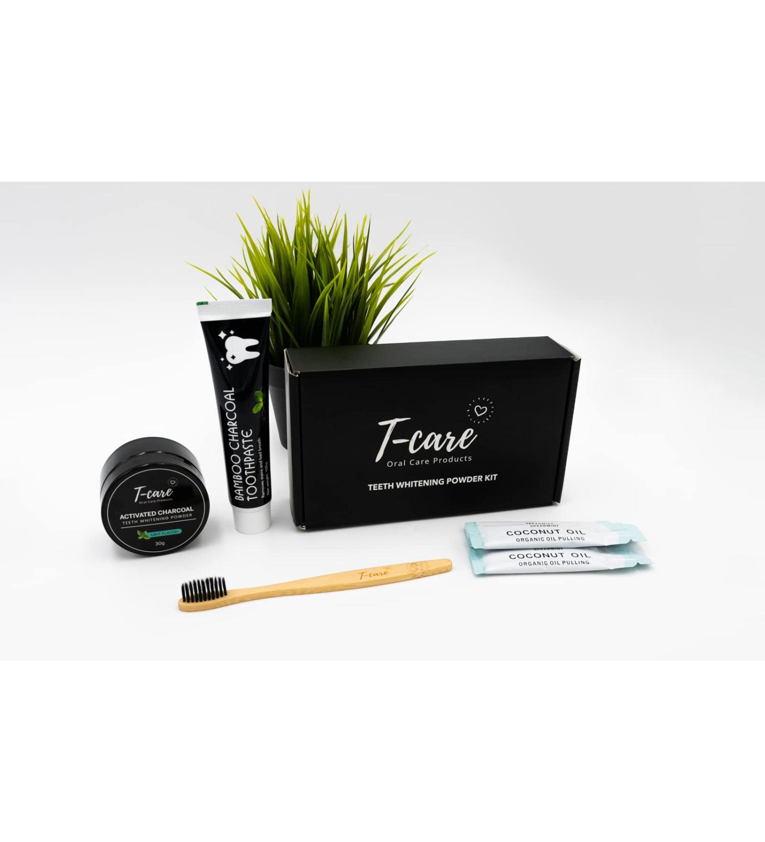 TCARE Charcoal Teeth Whitening Kit - 10-Piece Dental Care Set with Bamboo Toothbrush, Toothpaste, Powder, and Oil Pulling Packs for White Teeth, Fresh Breath, and Gum Health - Buy Online on GoSupps.com