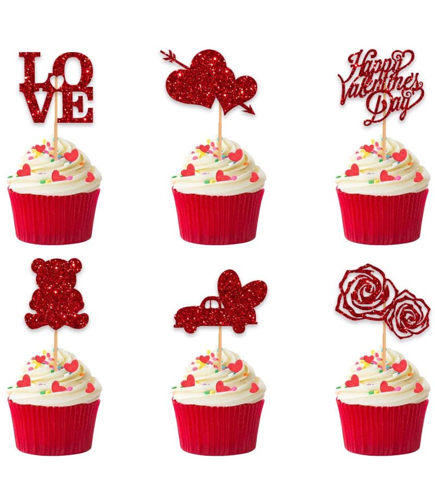 24 Pcs Happy Valentine's Day Cupcake Toppers Red Glitter Cupcake Food Picks Valentine's Day Theme Wedding Bridal Shower Anniversary Engagement Party Cake Decorations Supplies - Buy Online on GoSupps.com