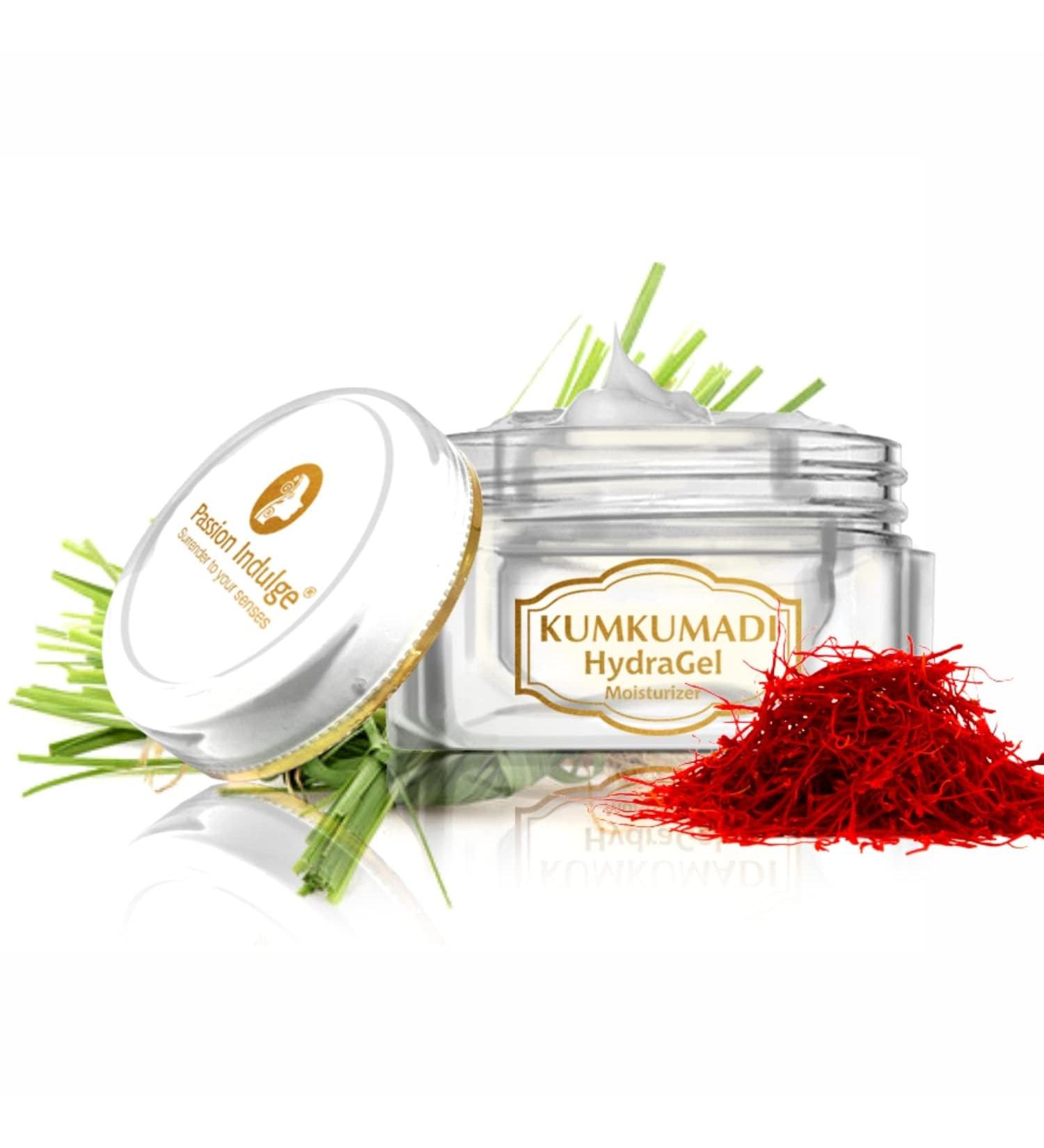 Passion Indulge Kumkumadi Hydragel Moisturizer For Face with SPF 15 Saffron Vetiver essential Oil & 16 Natural Herbs For Hydrating Anti-Aging Radiance-Enhancing | All Skin Types 50g - Buy Online on GoSupps.com