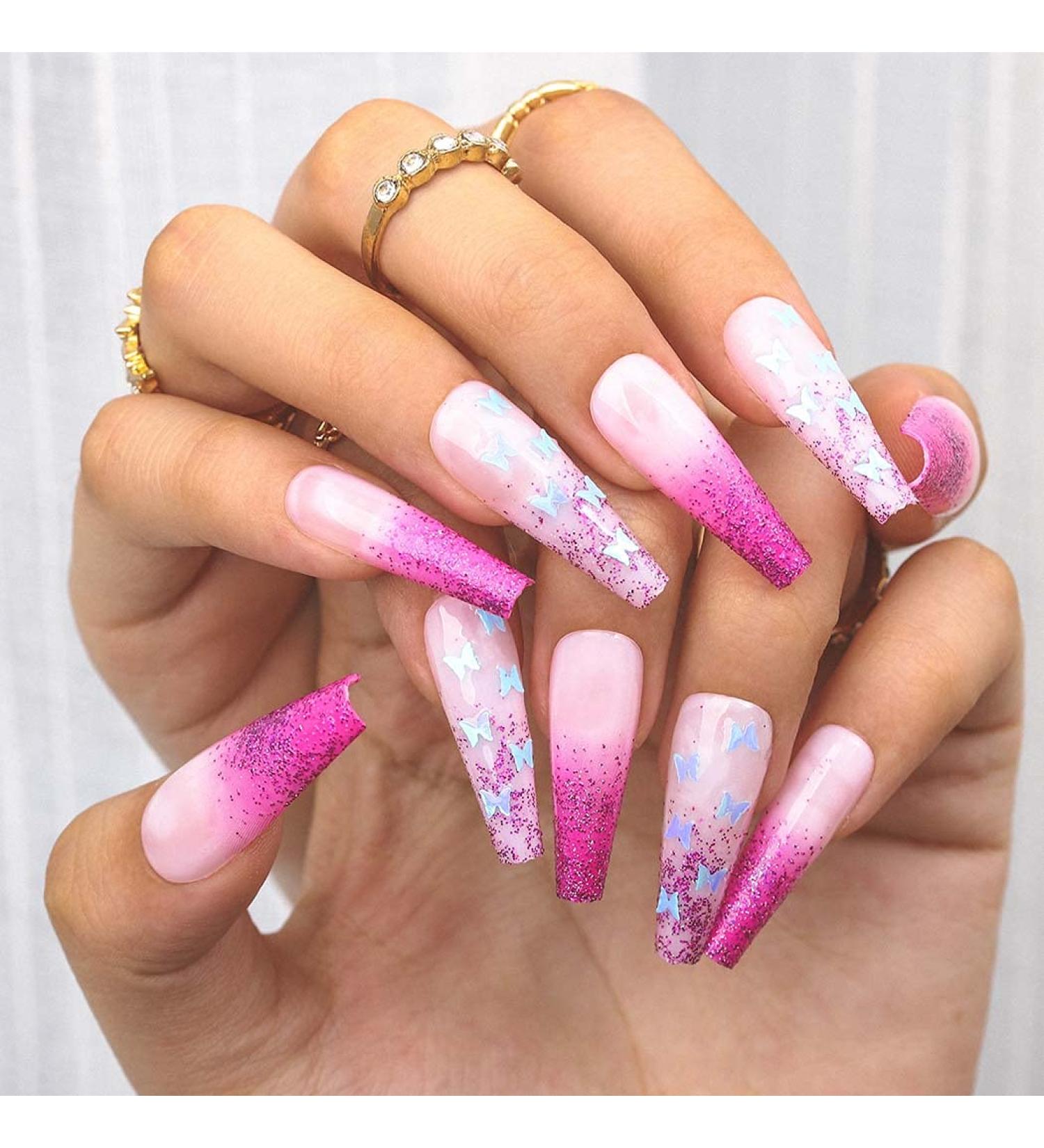 Sethexy Purple Butterfly Coffin False Nails - 24pcs Sparkle Ballerina Acrylic Press-On Nail Tips for Women & Girls - International Shipping Available - Buy Online on GoSupps.com