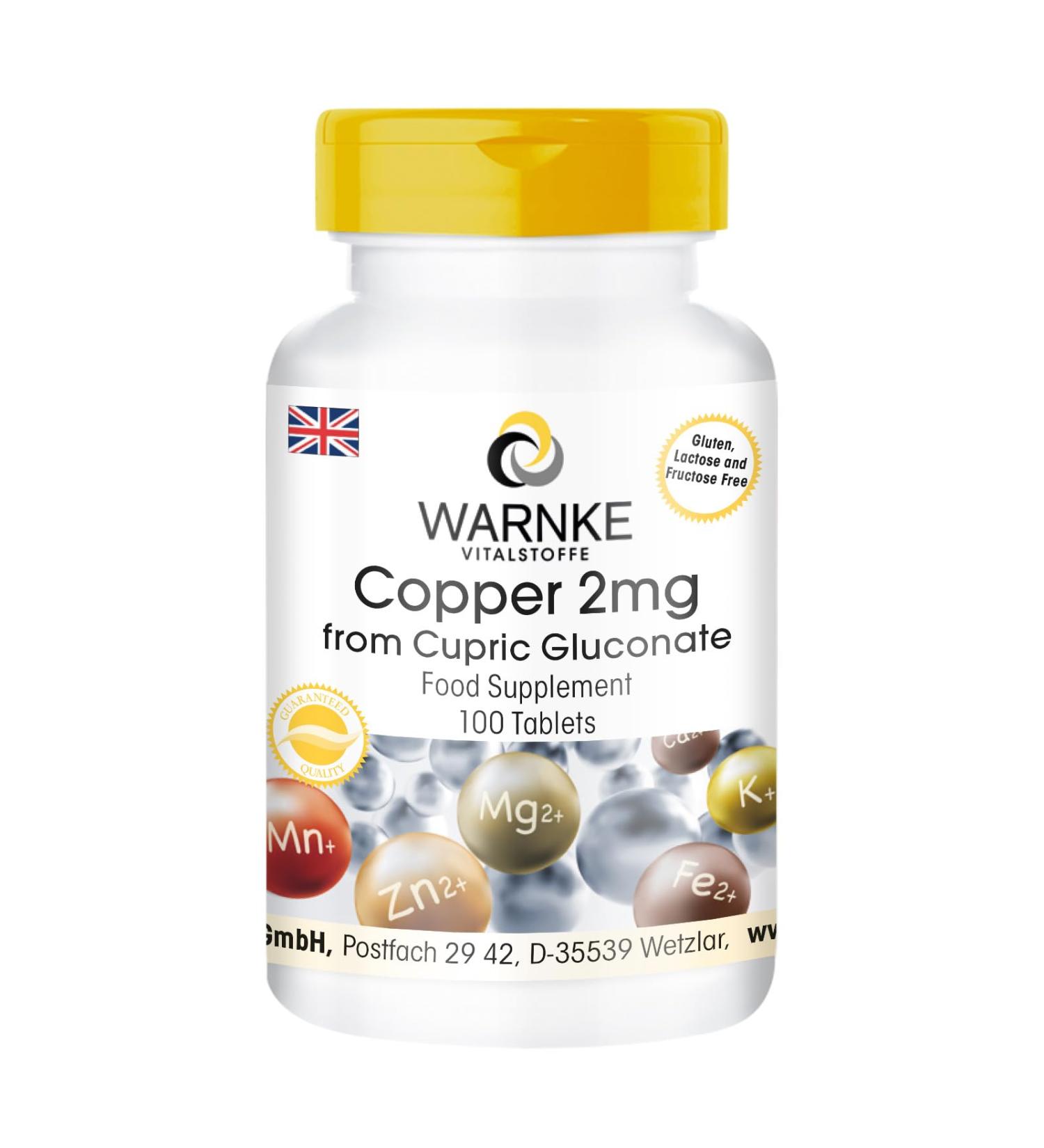 Copper 2mg Vegan Tablets - 100 Count | Copper Gluconate Supplement Without Magnesium Stearate by Warnke Vitalstoffe - Buy Online on GoSupps.com