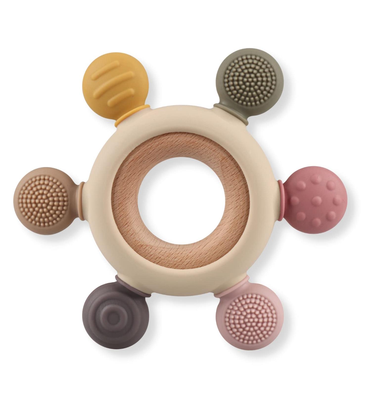 Organic Wooden & Silicone Baby Teething Toy Rings - Khaki (3+ Months) - Buy Online on GoSupps.com