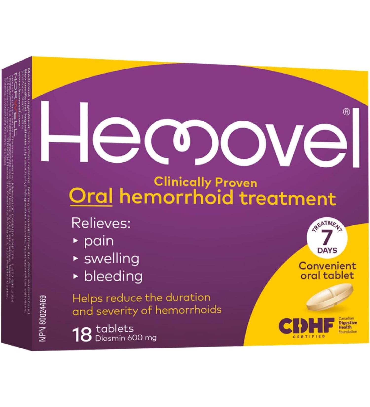 HEMOVEL Hemorrhoidal Oral Treatment - Clinically Proven Mess-Free effective and convenient way to treat internal and external hemorrhoids and relieve pain swelling and bleeding - 18 Tablets - Buy Online on GoSupps.com