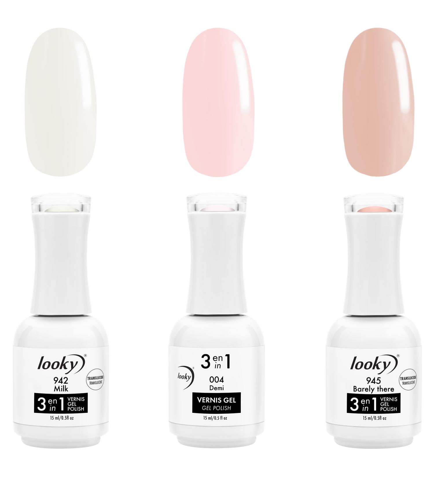 Looky 3-in-1 Gel Nail Polish 3 Pack Nudeitude #942 Milk #004 Demi #945 Barely There Combined Base Color Top Coat Salon Quality Manicure at Home DIY Easy Application Nail Lacquer Enamel Quick UV LED Curing Long Lasting Color 3 x 15ml (Nudeitude #942 Milk # - Buy Online on GoSupps.com