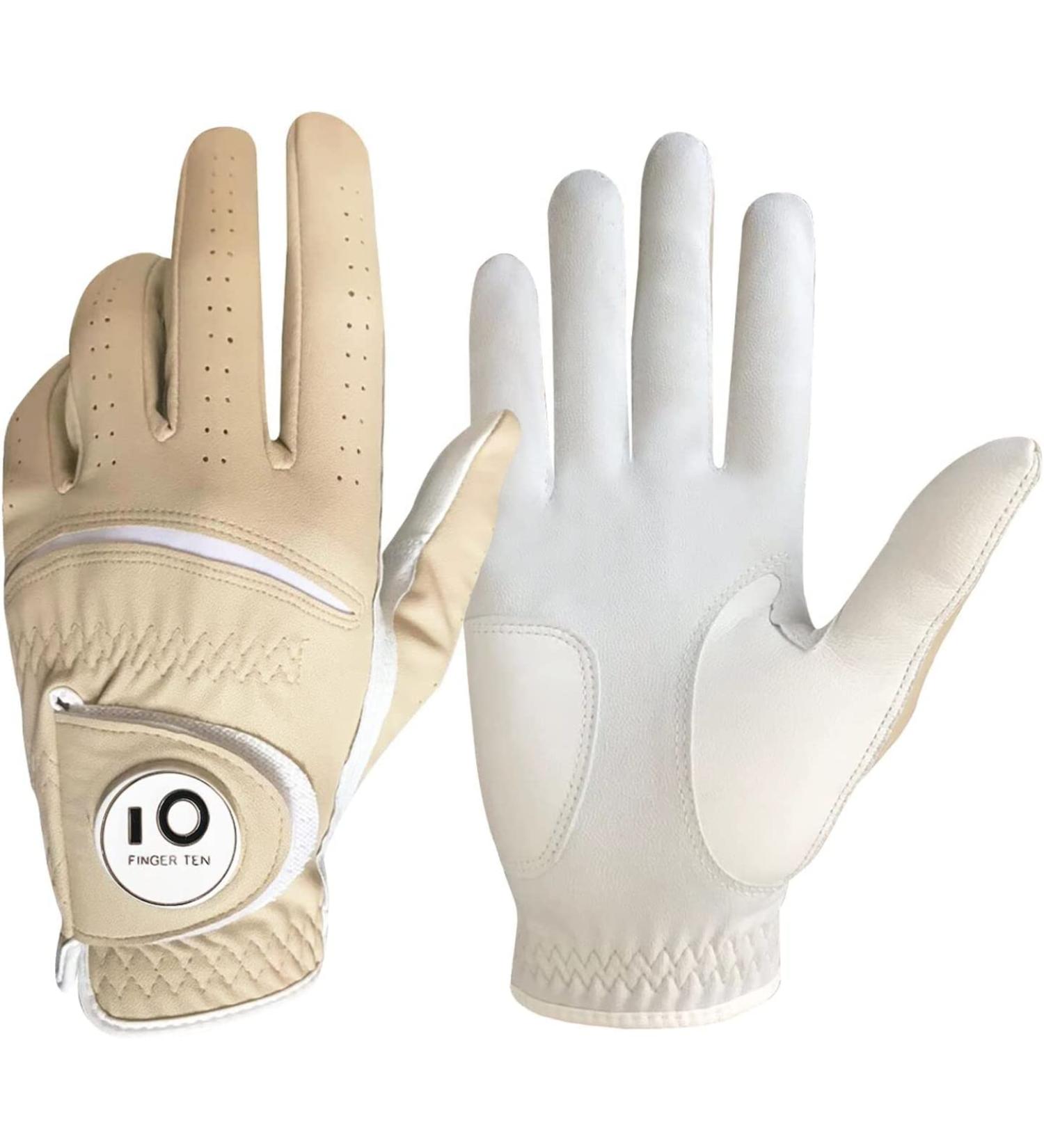 Finger Ten Men's Golf Gloves - All-Weather Leather with Ball Marker Left & Right Options | 1-Piece Khaki - Buy Online on GoSupps.com