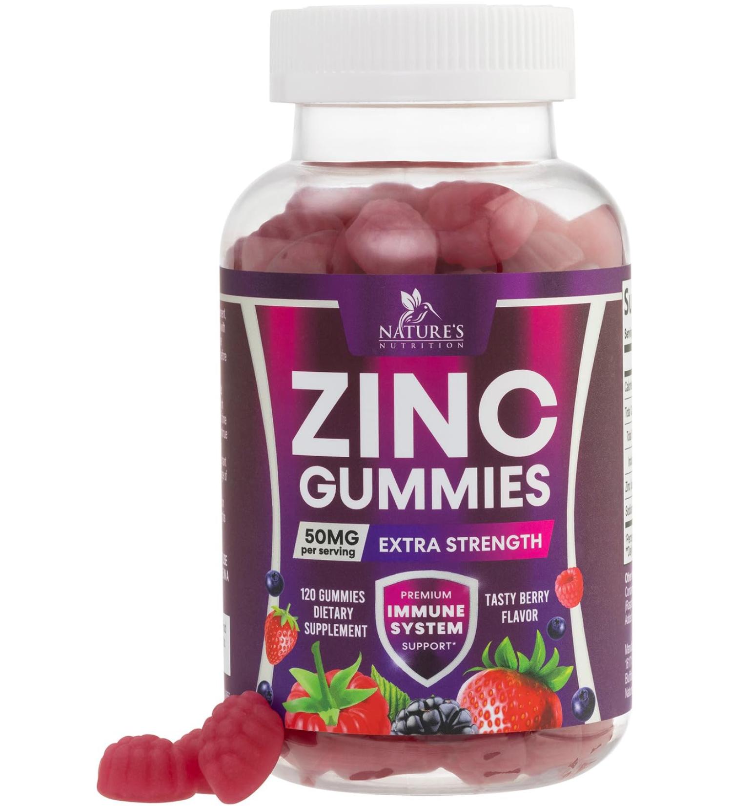 Nature's High Potency Zinc Gummies 50mg - Immune Health Support & Antioxidant Supplement - Vegan, Non-GMO, Gluten Free - 120 Gummies - Buy Online on GoSupps.com