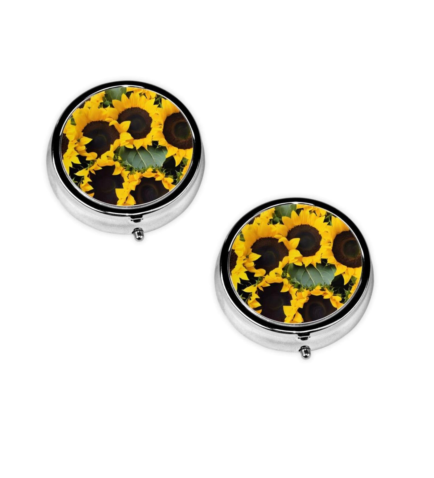 Sunflower Round Pill Box - 3 Compartment Travel Medicine Organizer | Portable Decorative Pocket Vitamin Holder - Buy Online on GoSupps.com