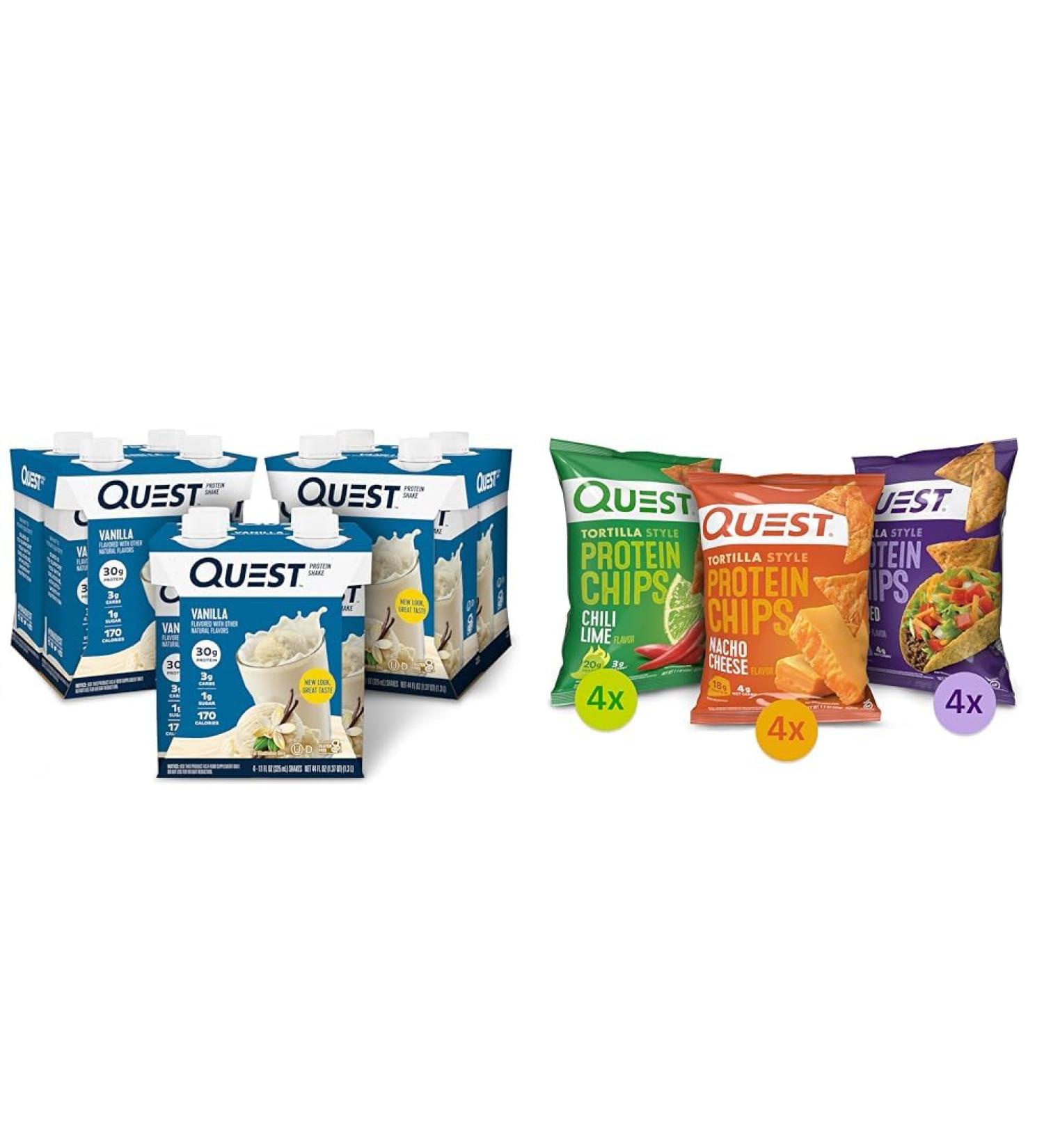 Quest Protein Shake Vanilla 11 Fl Oz 4 Count Pack of 3 and Protein Chips Chili Lime Nacho Cheese Loaded Taco Variety Pack - Buy Online on GoSupps.com