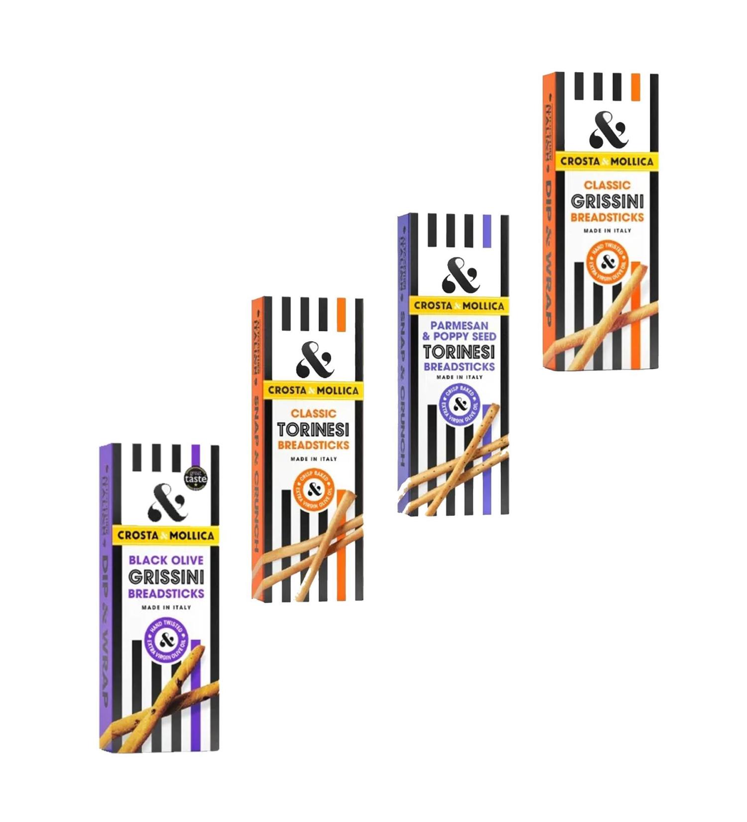Crosta & Mollica Bread Sticks Pick N Mix - Choose From 4 Flavours | Classic-Torinesi Parmesan & Poppyseed Classic-Grissini Black Olive Grissini - Pack of 2 - Buy Online on GoSupps.com