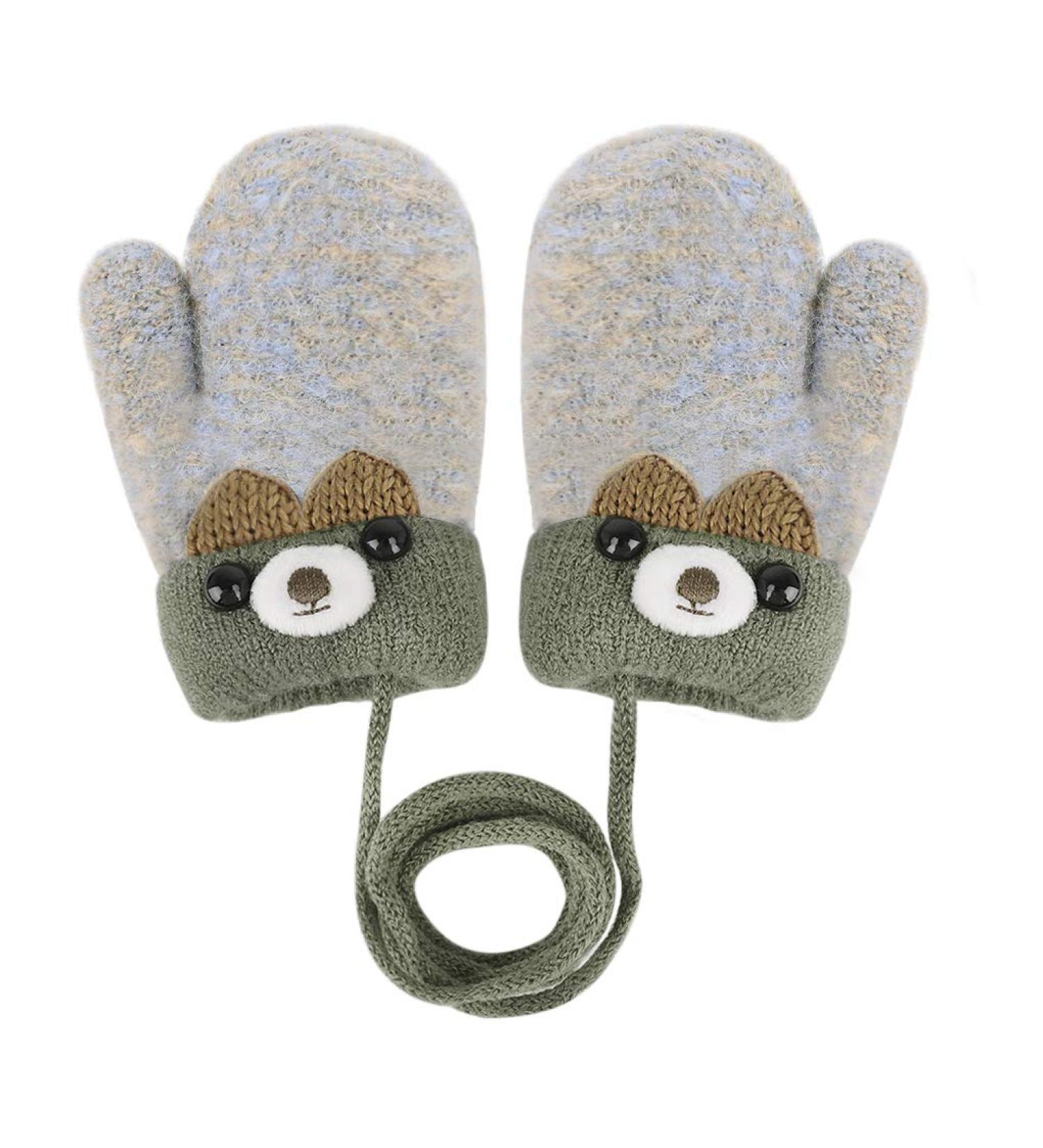 Cute Cartoon Kids Knitted Winter Gloves with Rope - Thick Plush Fleece Lined Hand Warmer for Boys and Girls - Buy Online on GoSupps.com