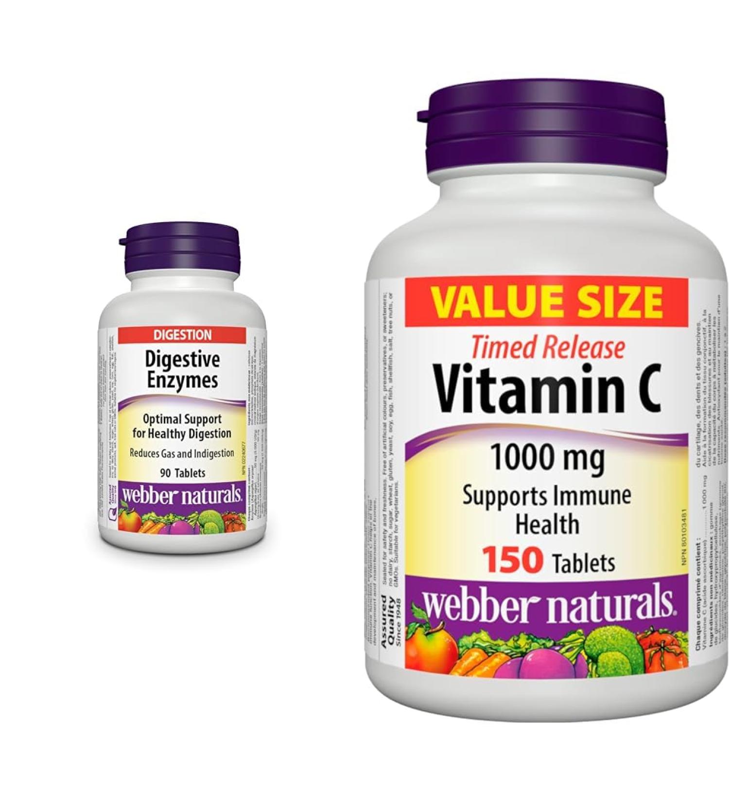 Webber Naturals Digestive Enzymes 90 Tablets Digestive Support Vegan & Vitamin C Timed Release 1000 mg 150 Tablets For Bones Teeth Immune and Antioxidant Health - Buy Online on GoSupps.com