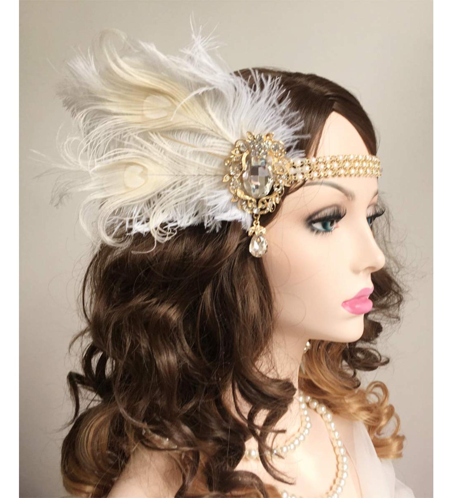 Chmier 1920s Flapper Feather Headband with Crystal Pearl Chain - White Feather Roaring 20s Headpiece for Prom, Party, Festival - Gatsby Hair Jewelry for Women - Buy Online on GoSupps.com